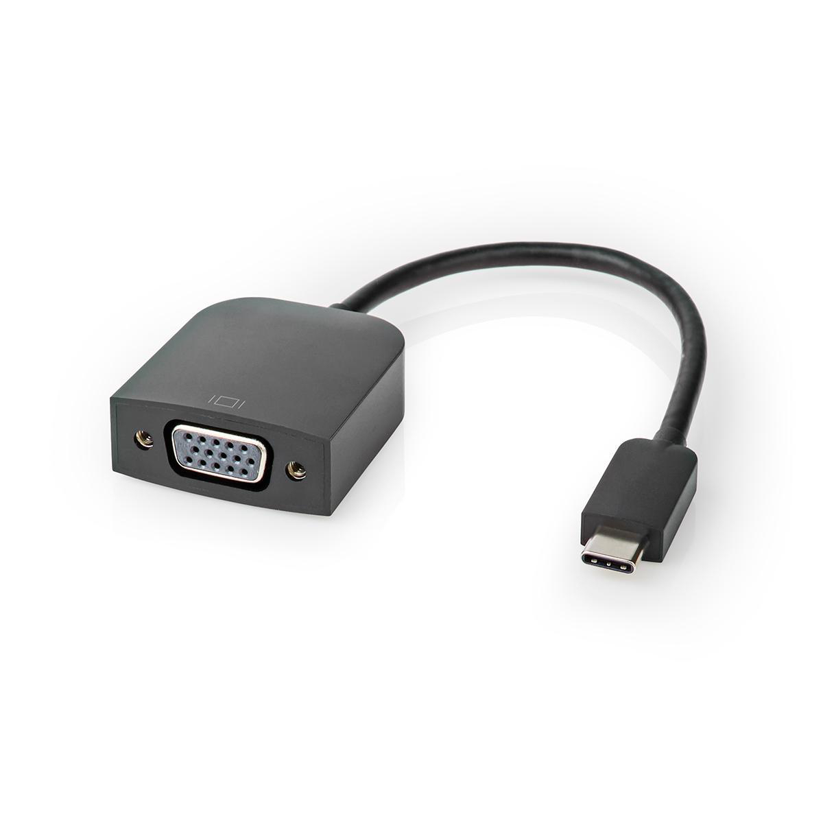 Schwarzer Adapter mit VGA-Anschluss und USB-C-Anschluss, verbunden durch ein schwarzes Kabel.