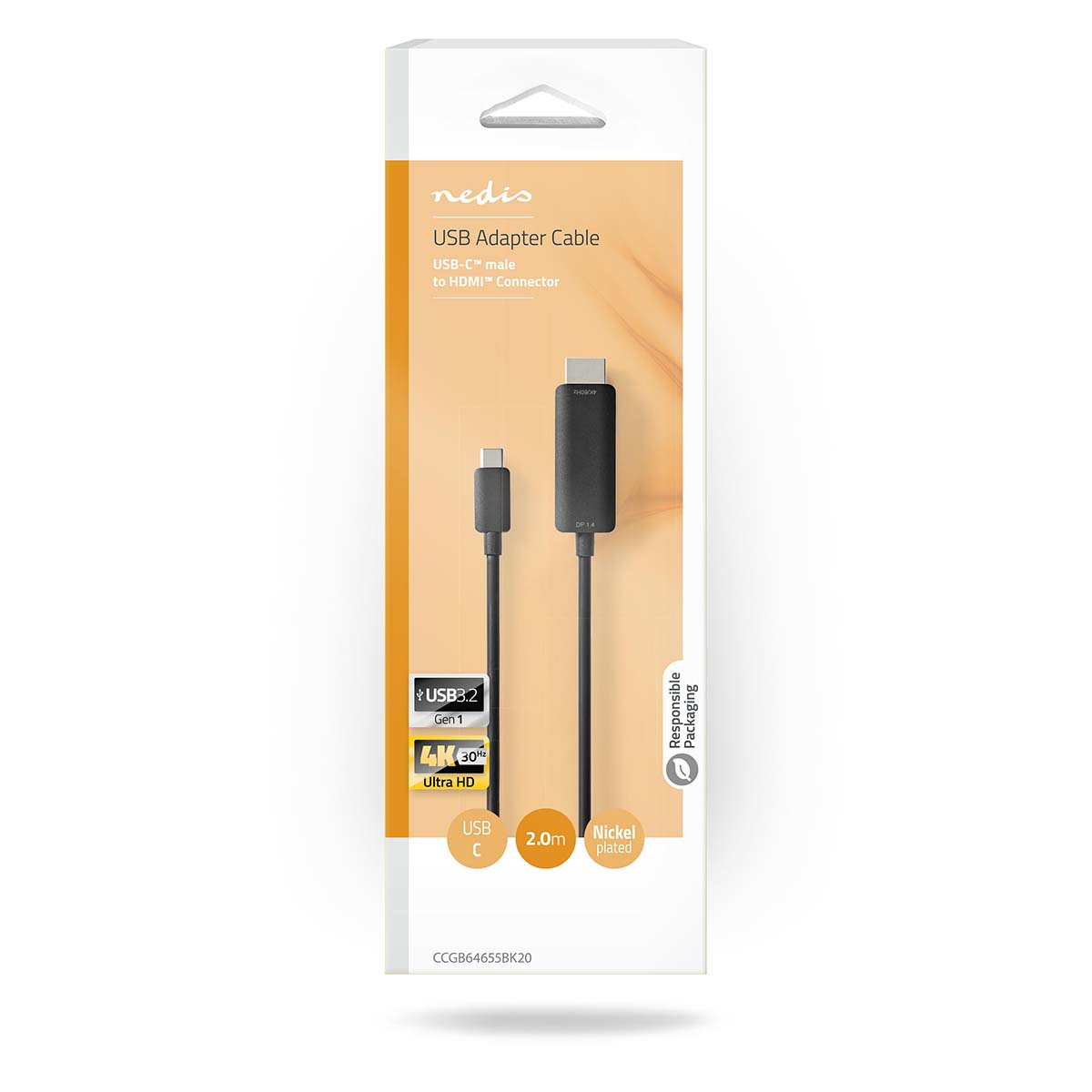 Weiße Box mit einem schwarzen USB-C-zu-HDMI-Adapterkabel. Es ist auf weißem Hintergrund.