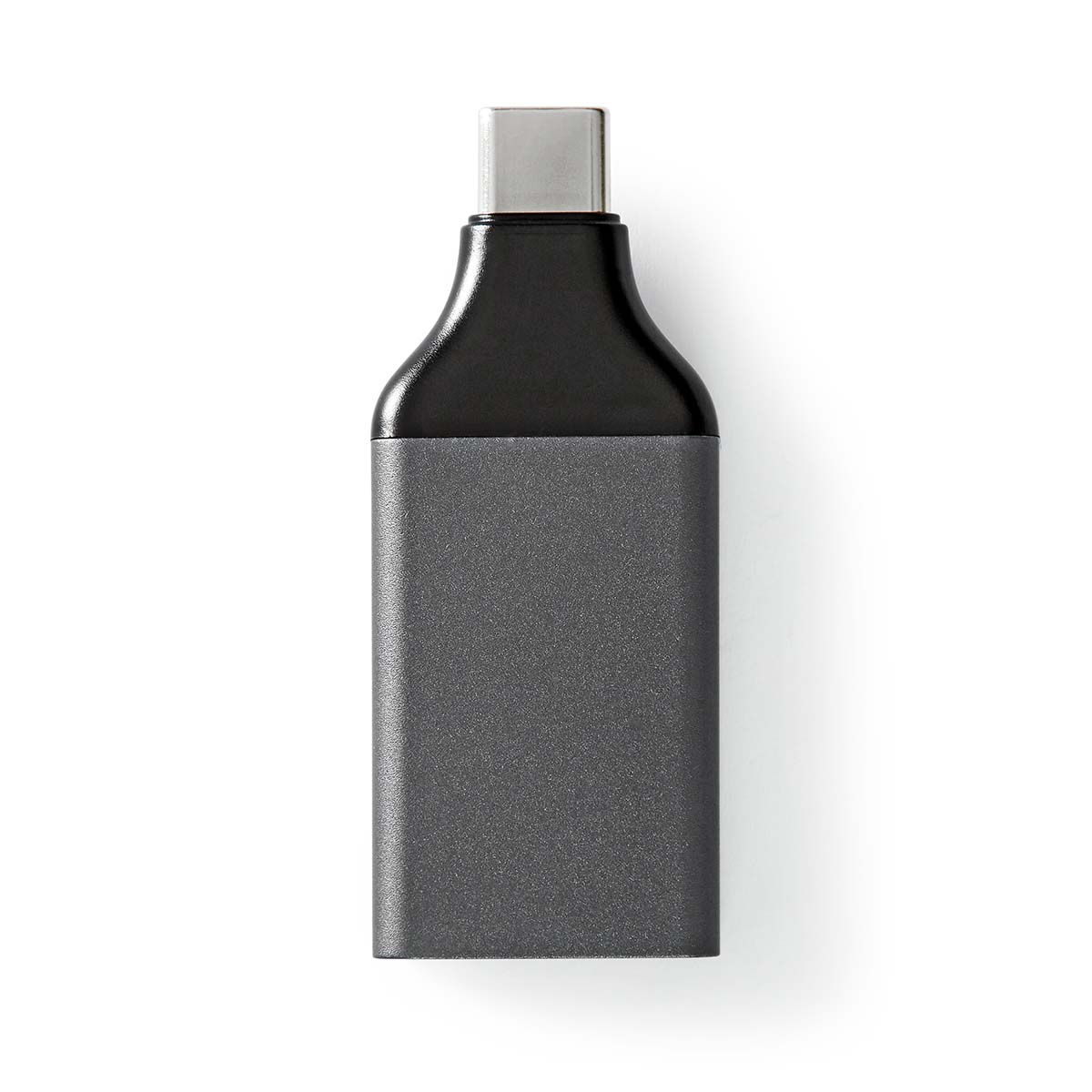 A USB-C to USB adapter, dark gray body with a black top, on a white background.