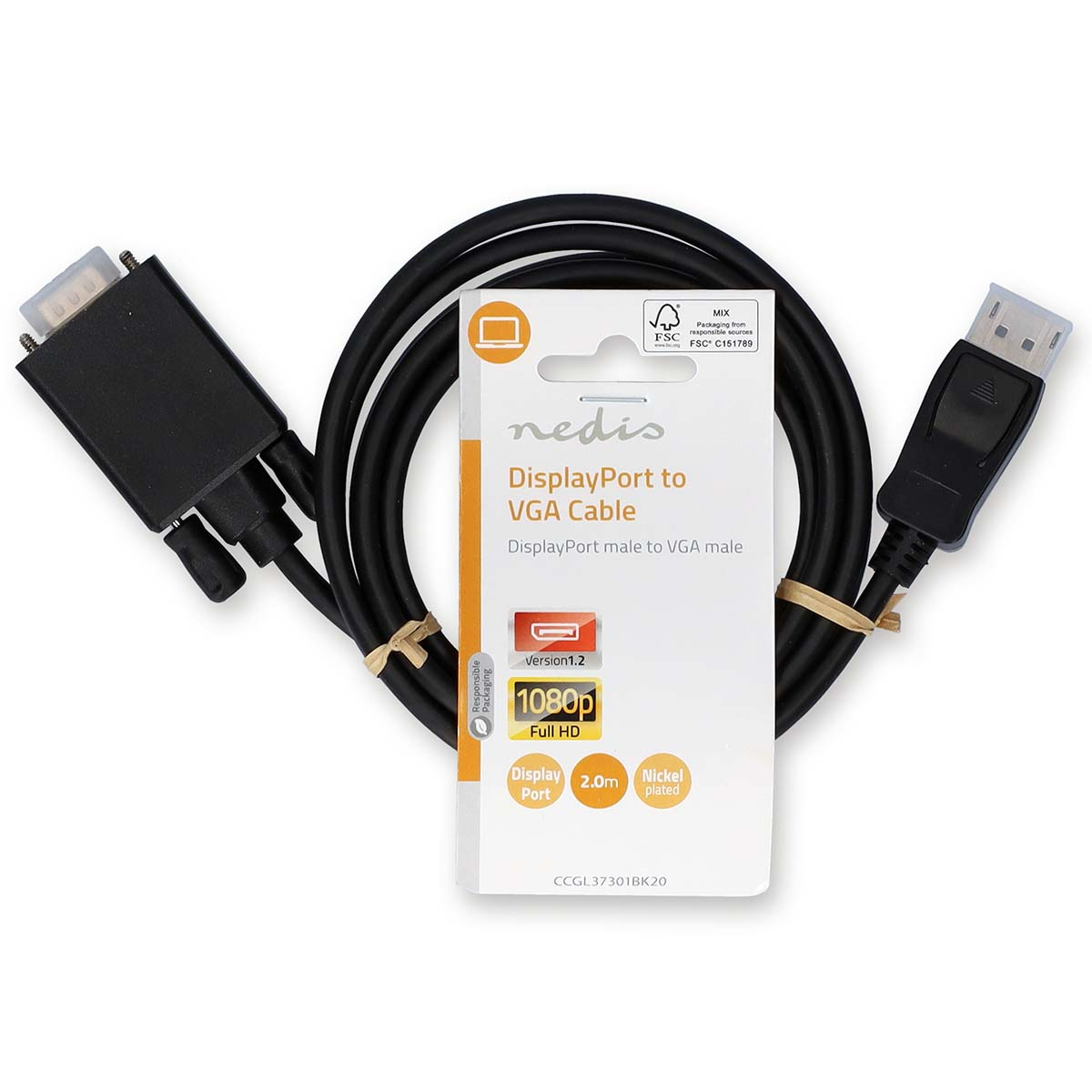 DisplayPort to VGA cable, black, with connectors and packaging, on a white background.