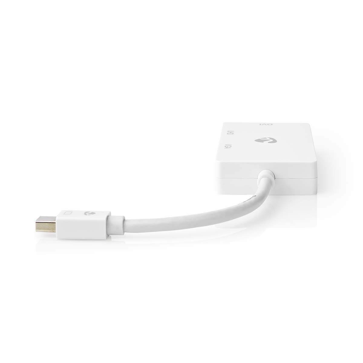 Adattatore bianco con connettori USB-C e HDMI. Un cavo bianco si estende da destra.