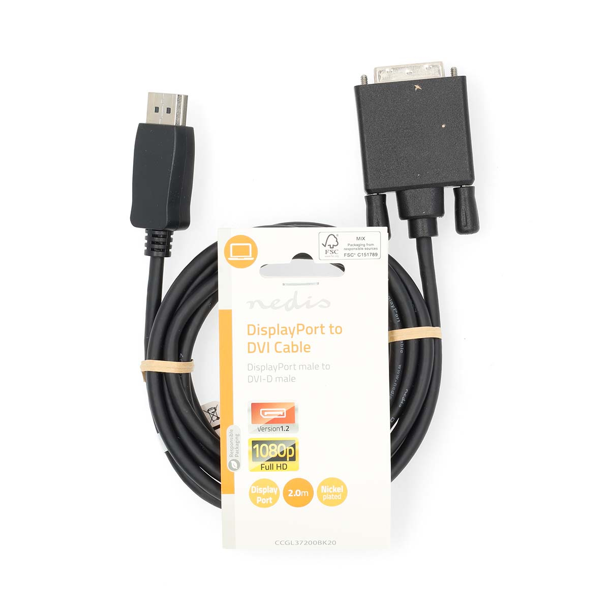 DisplayPort naar DVI-kabel. De kabel is zwart en wordt met de verpakking getoond.