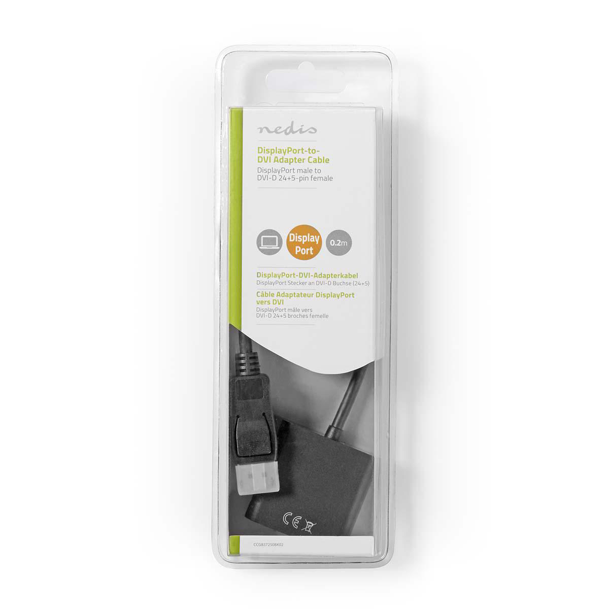 DisplayPort-zu-DVI-Adapterkabel in einer transparenten Kunststoffverpackung mit Textaufklebern.