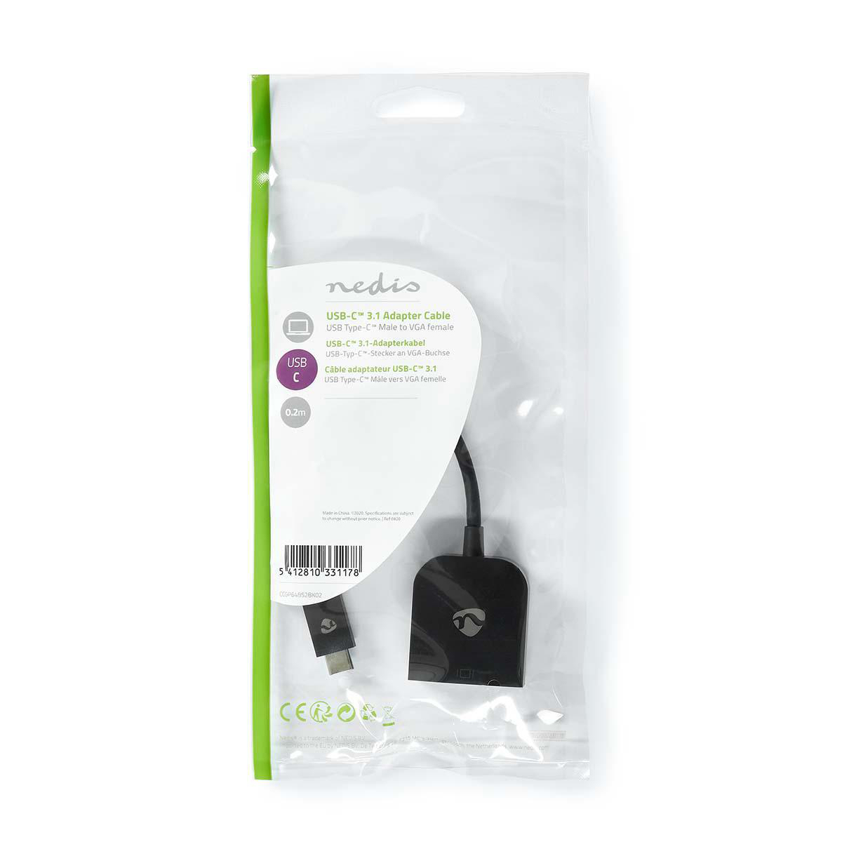 USB-C-zu-VGA-Adapterkabel in einer transparenten Kunststoffverpackung. Text auf der Verpackung sichtbar.