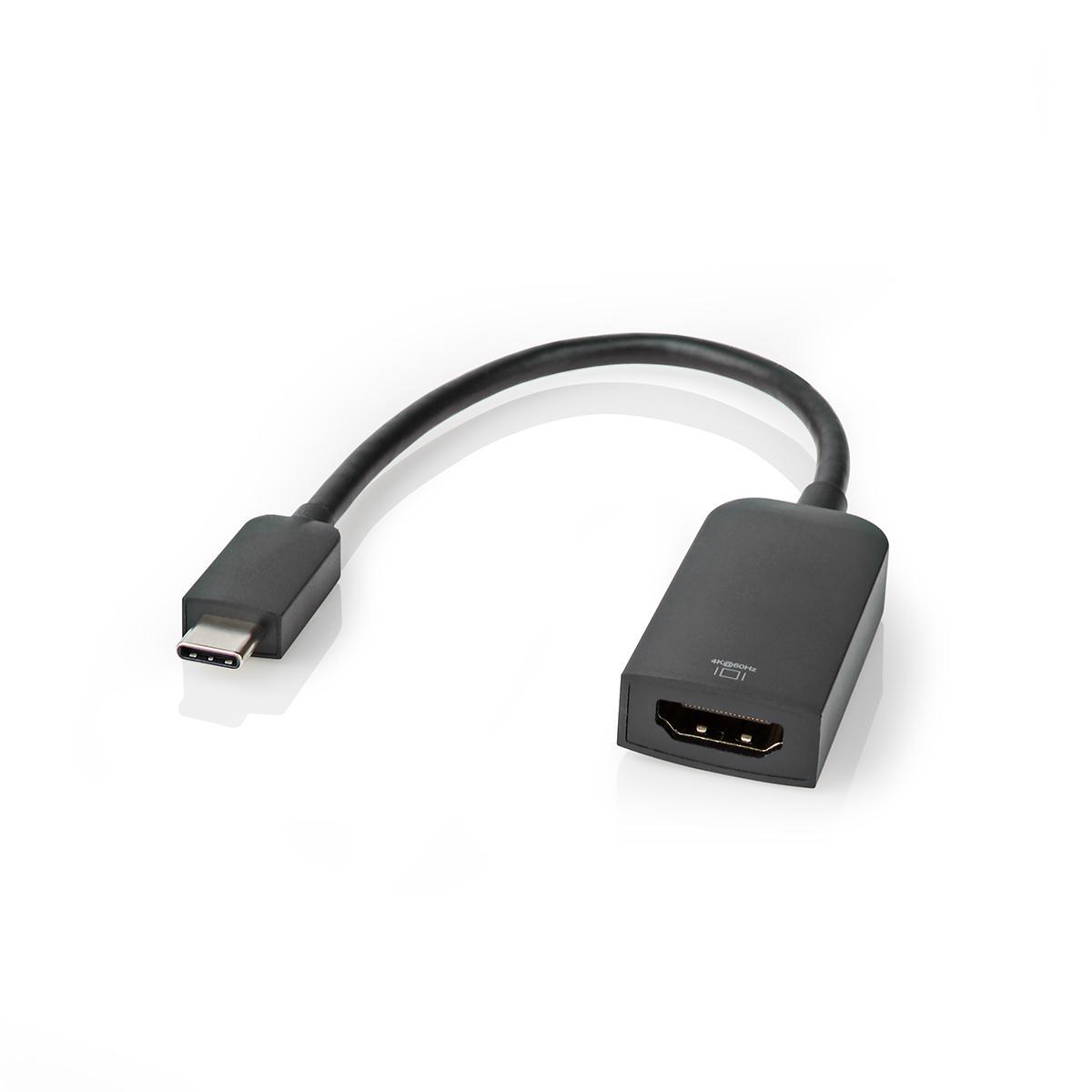 Schwarzer HDMI-zu-USB-C-Adapter. Verfügt über ein schwarzes Gehäuse mit USB-C-Anschluss und HDMI-Anschluss.