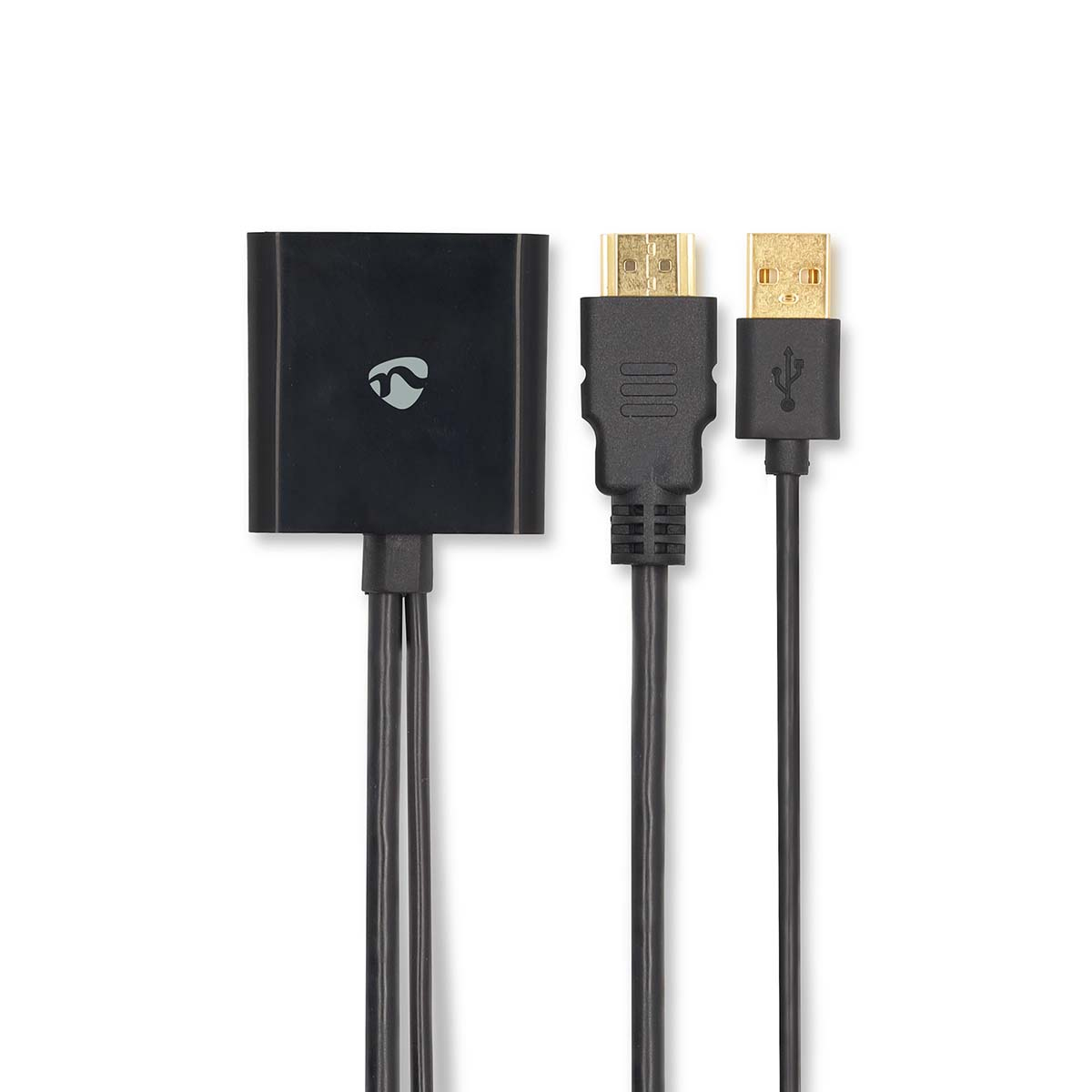 Schwarzer Adapter mit angeschlossenen Kabeln: HDMI und USB. Der Adapter hat ein Logo.