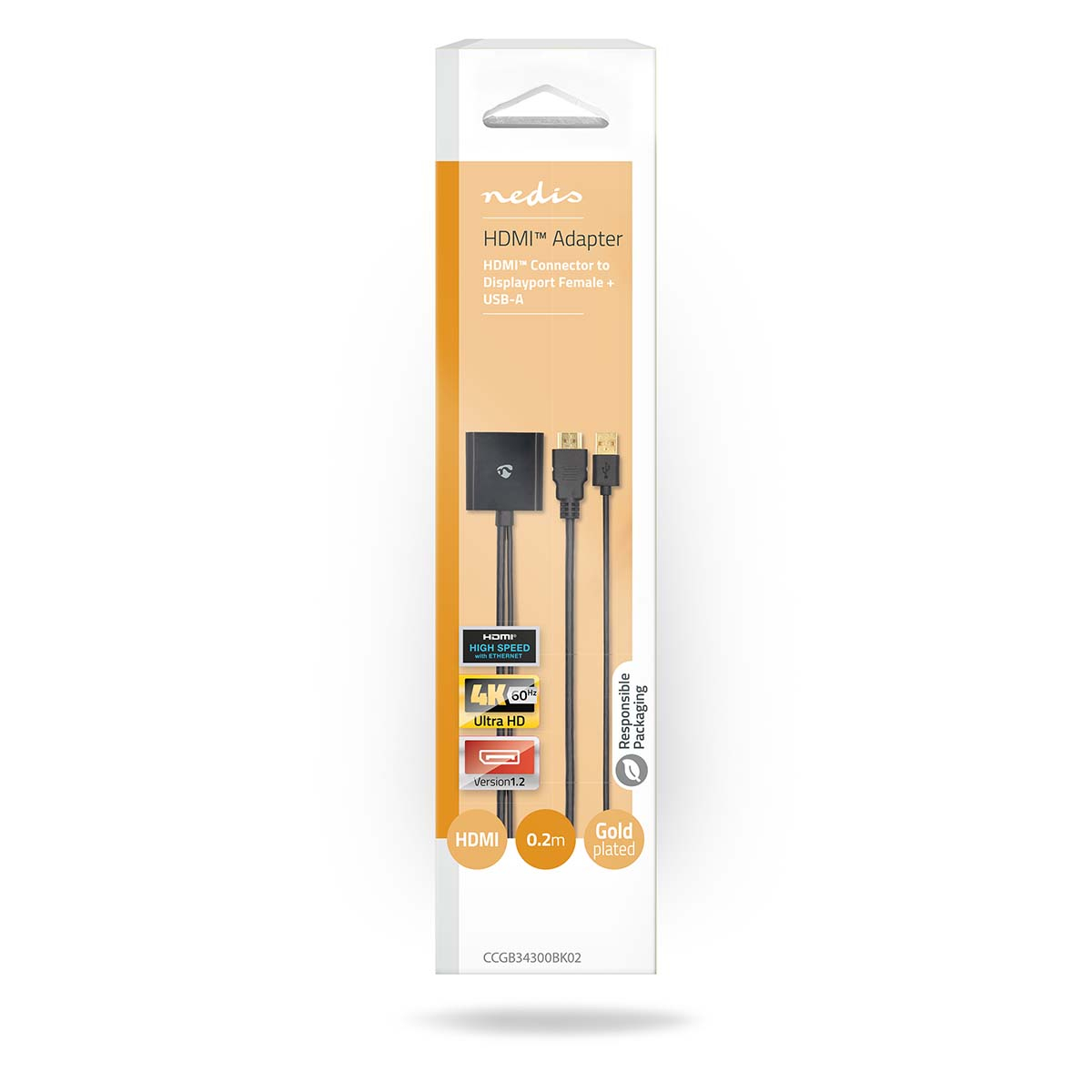 Weiße Verpackung für einen HDMI-Adapter. HDMI-Anschluss zu DisplayPort-Buchse plus USB-A, vergoldet.