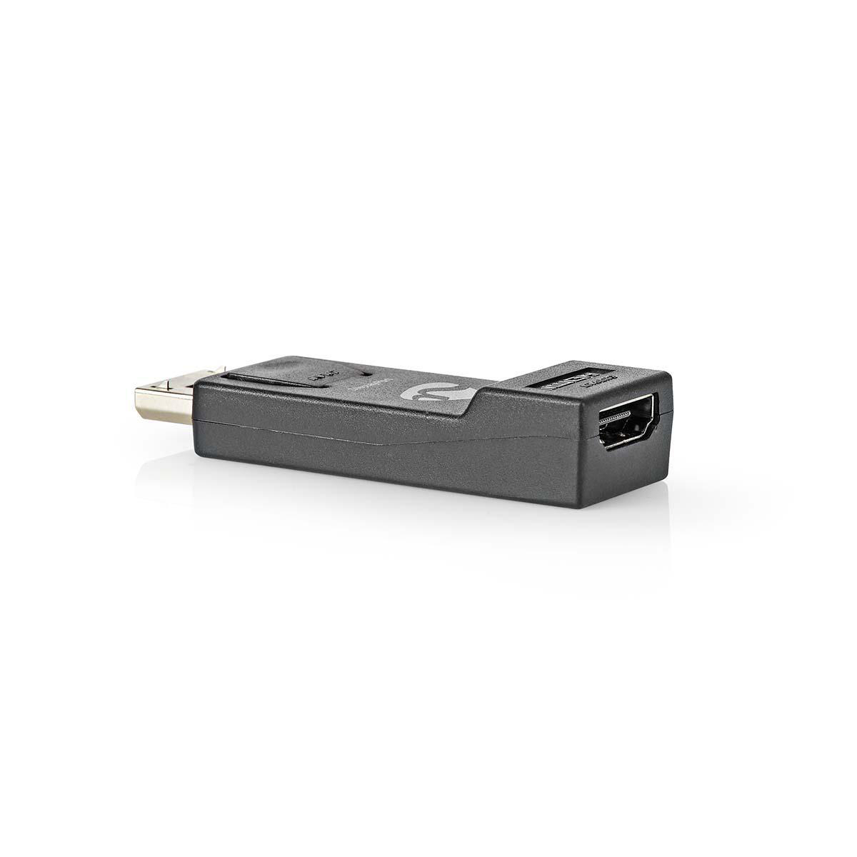 Un adaptador HDMI a Mini DisplayPort negro con un conector en cada extremo.