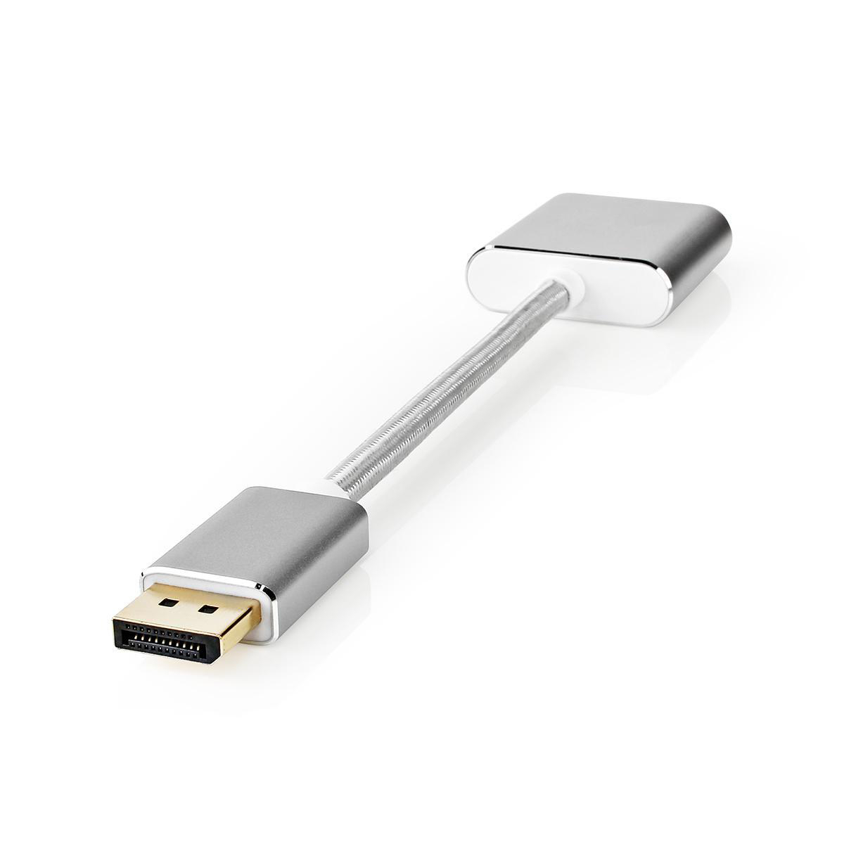 Zilveren adapter met een DisplayPort en een USB-C connector. Een zilveren kabel verbindt ze.