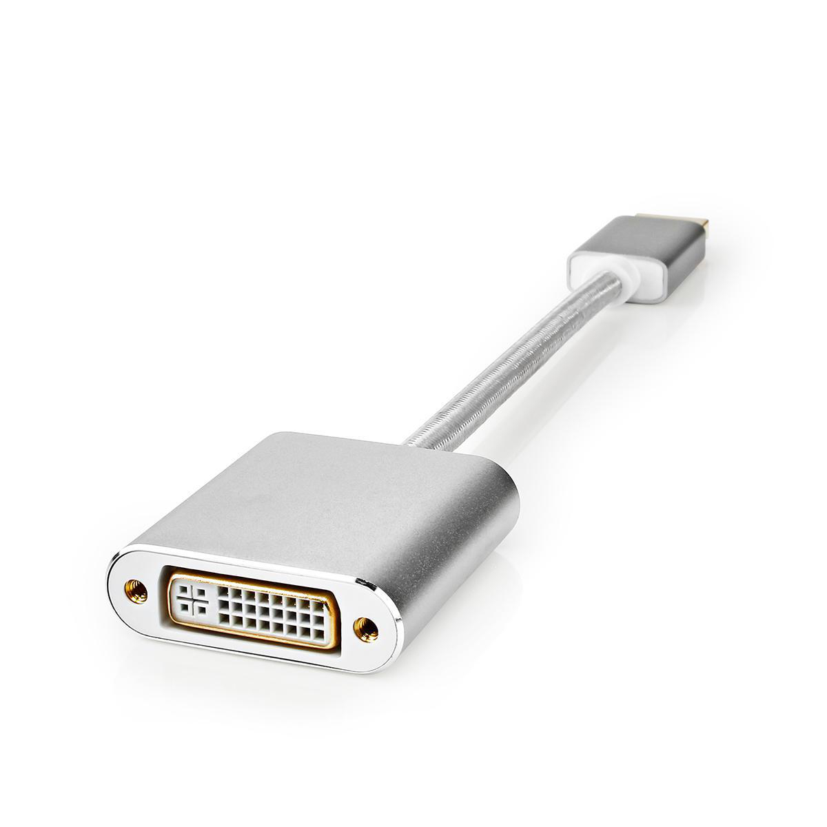 Zilveren DVI naar USB-C adapterkabel. Het DVI-uiteinde heeft pinnen en het USB-C-uiteinde is glad.