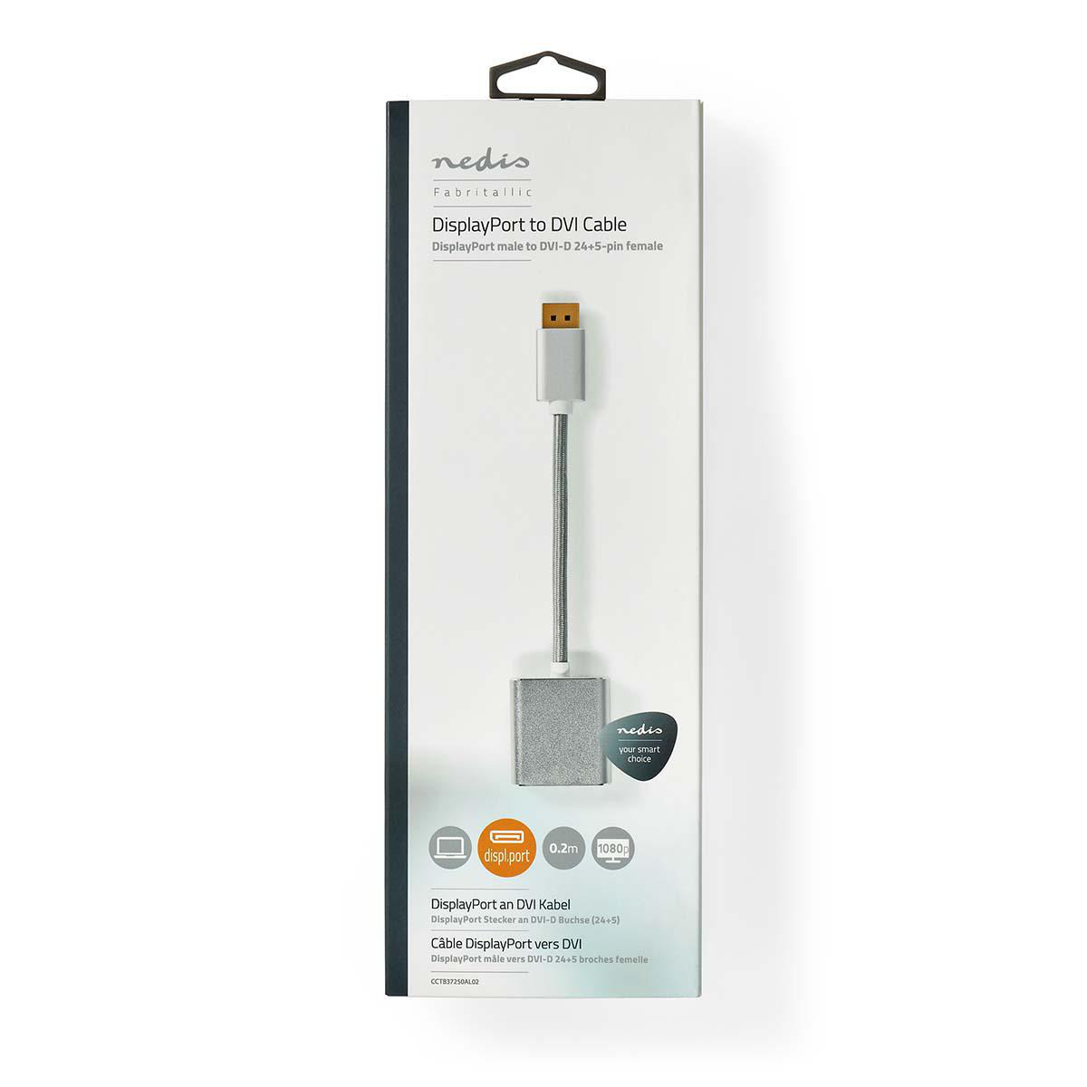 Verpakking met een DisplayPort naar DVI-kabel. De verpakking is wit, grijs en heeft tekst erop.
