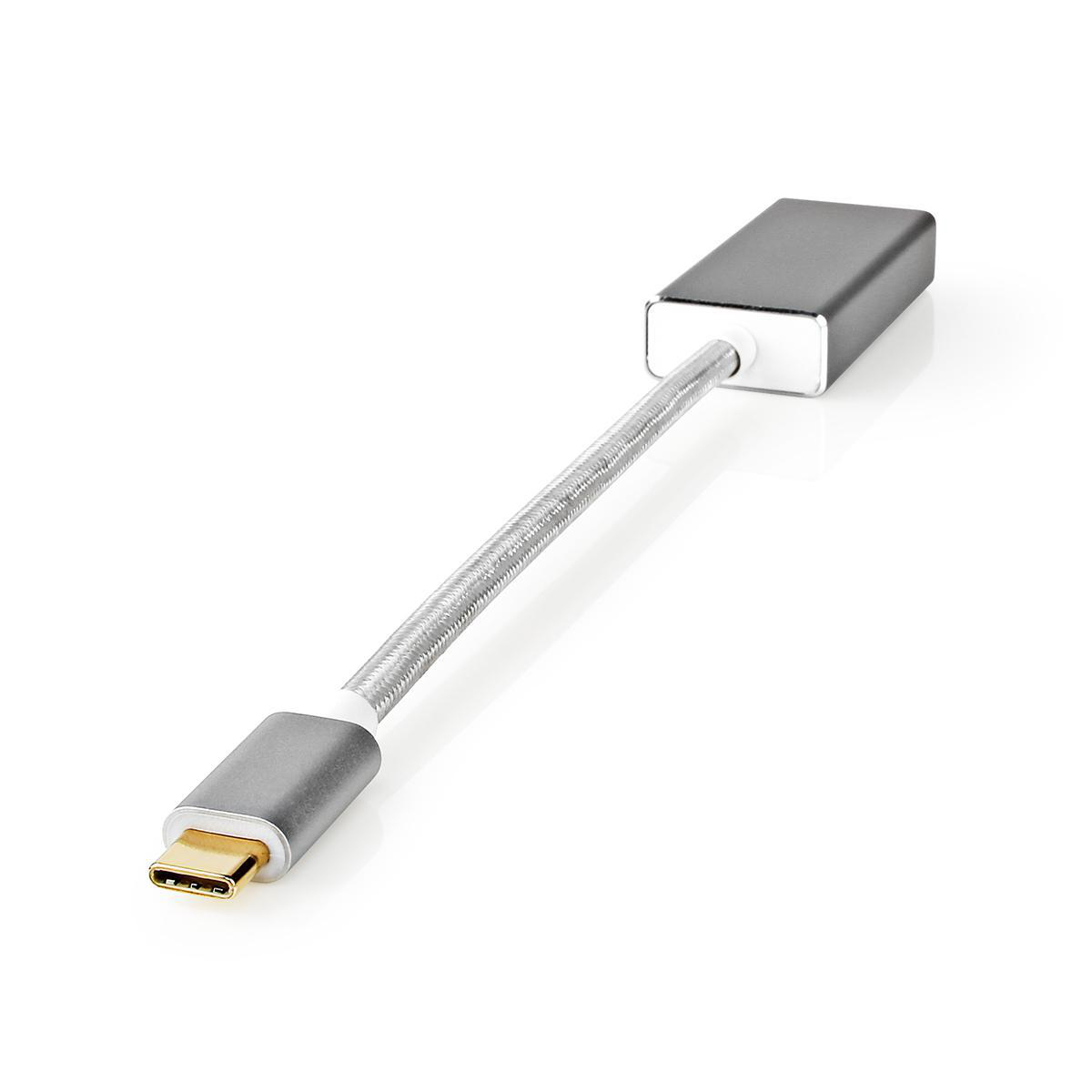 Silberner USB-C-auf-HDMI-Adapter mit grauem Gehäuse.