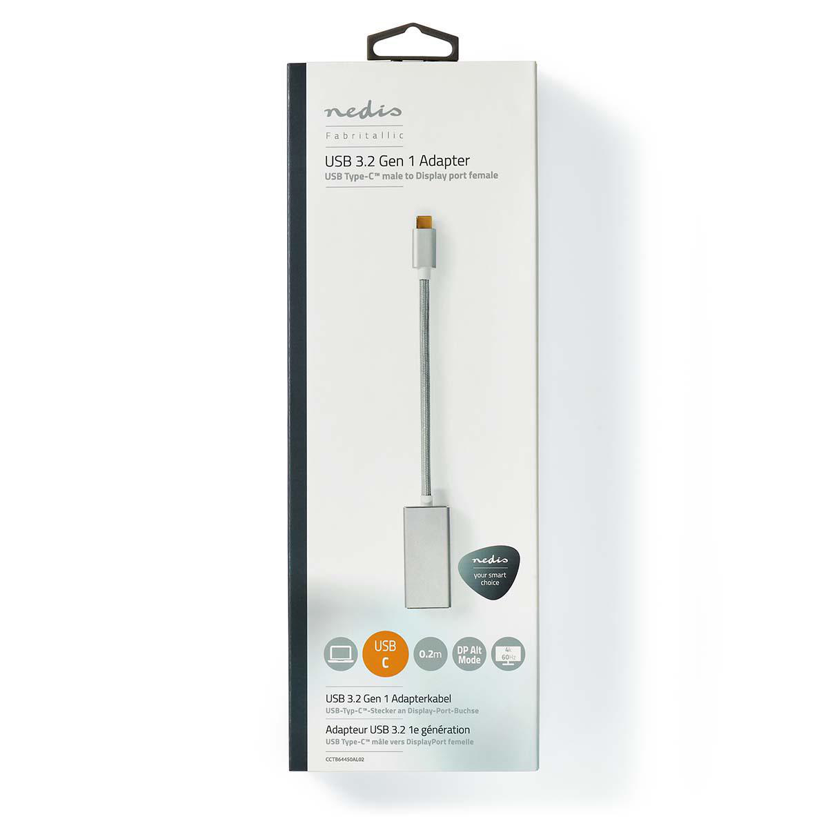 USB-C-auf-DisplayPort-Adapter mit Kabel und Verpackung.