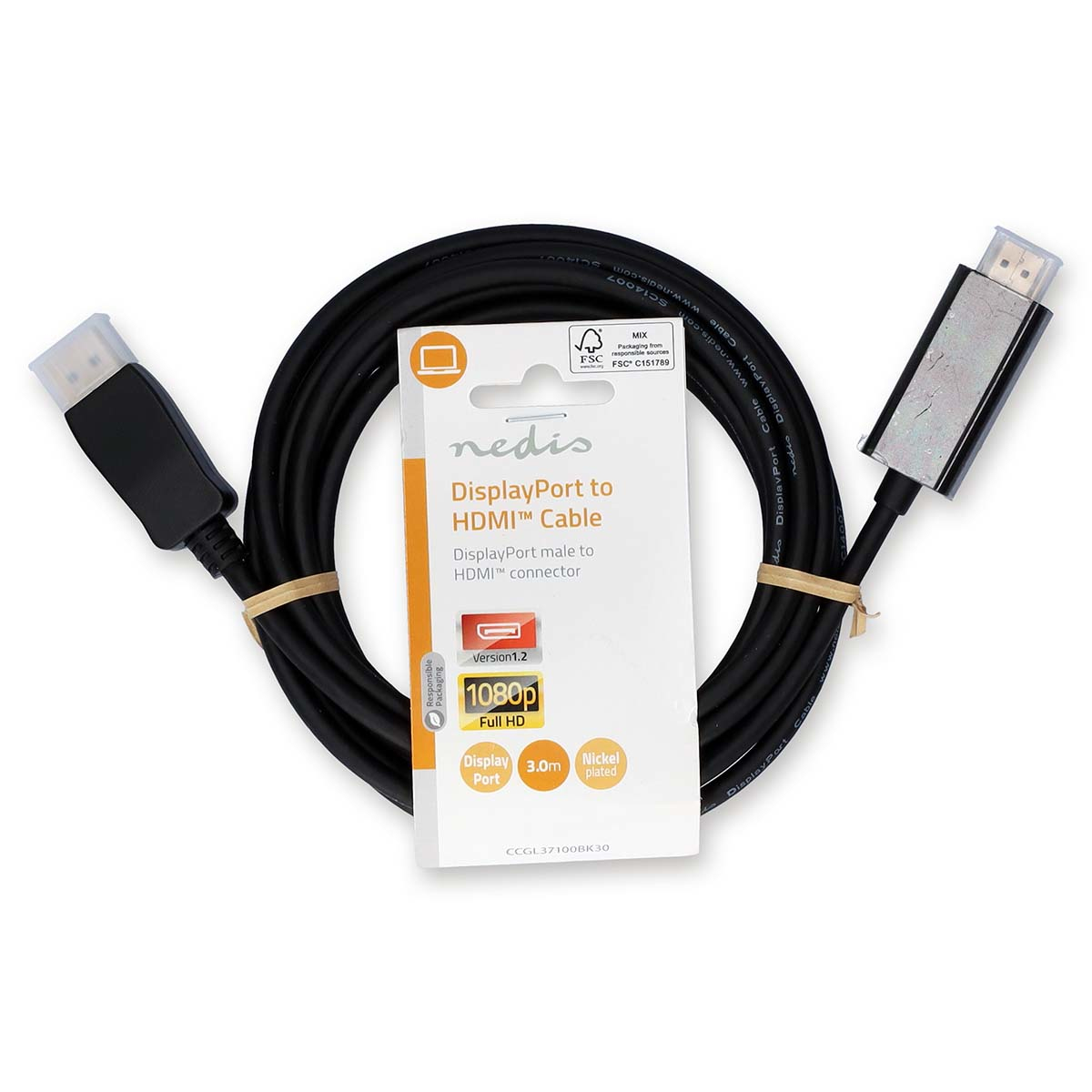 Zwarte DisplayPort naar HDMI-kabel. Een witte kaart met details is bevestigd. Witte achtergrond.