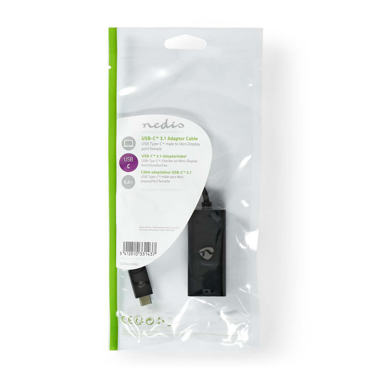 USB-C-zu-Mini-DisplayPort-Adapter in Kunststoffverpackung. Die Verpackung zeigt Adapter und Spezifikationen.