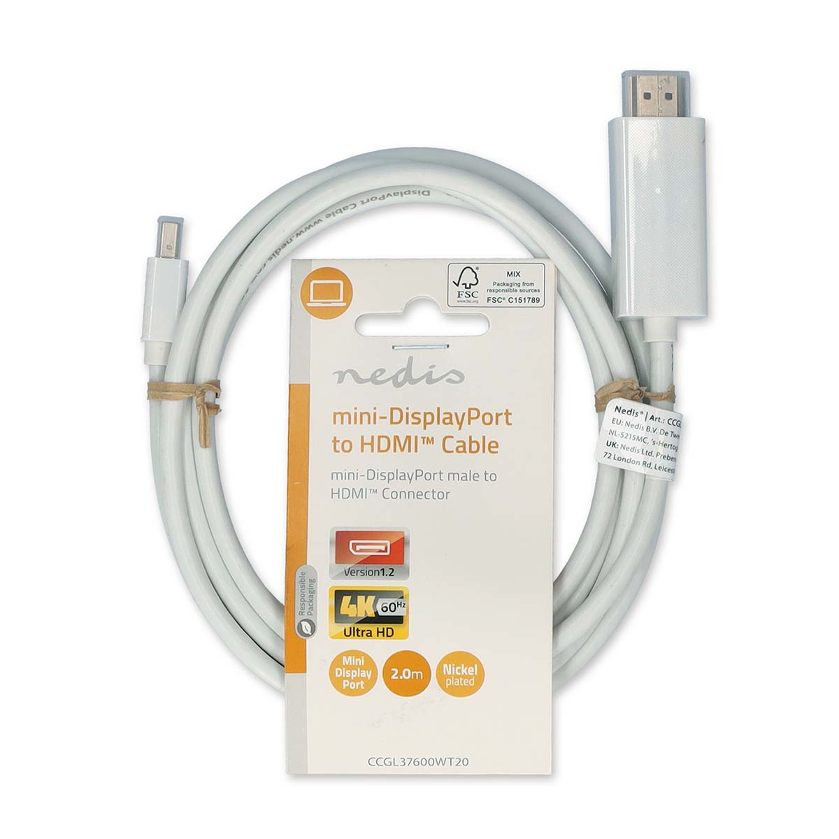 Weißes Mini-DisplayPort-zu-HDMI-Kabel mit weißer Verpackung.