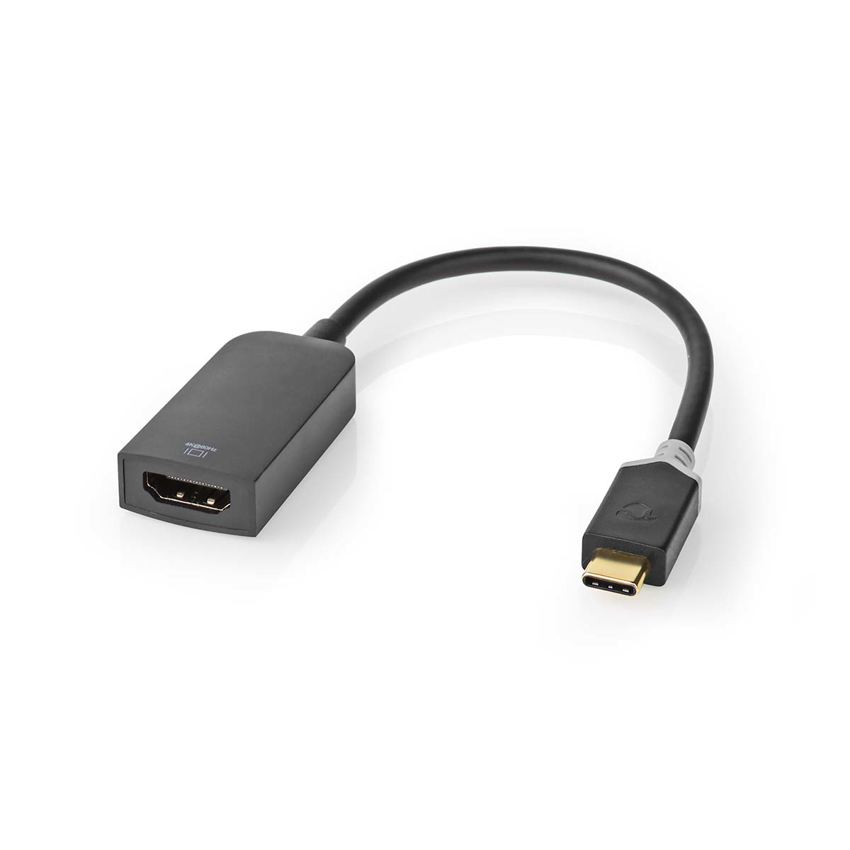 Schwarzer HDMI-zu-USB-C-Adapter. Es ist ein kurzes Kabel mit Anschlüssen an beiden Enden.