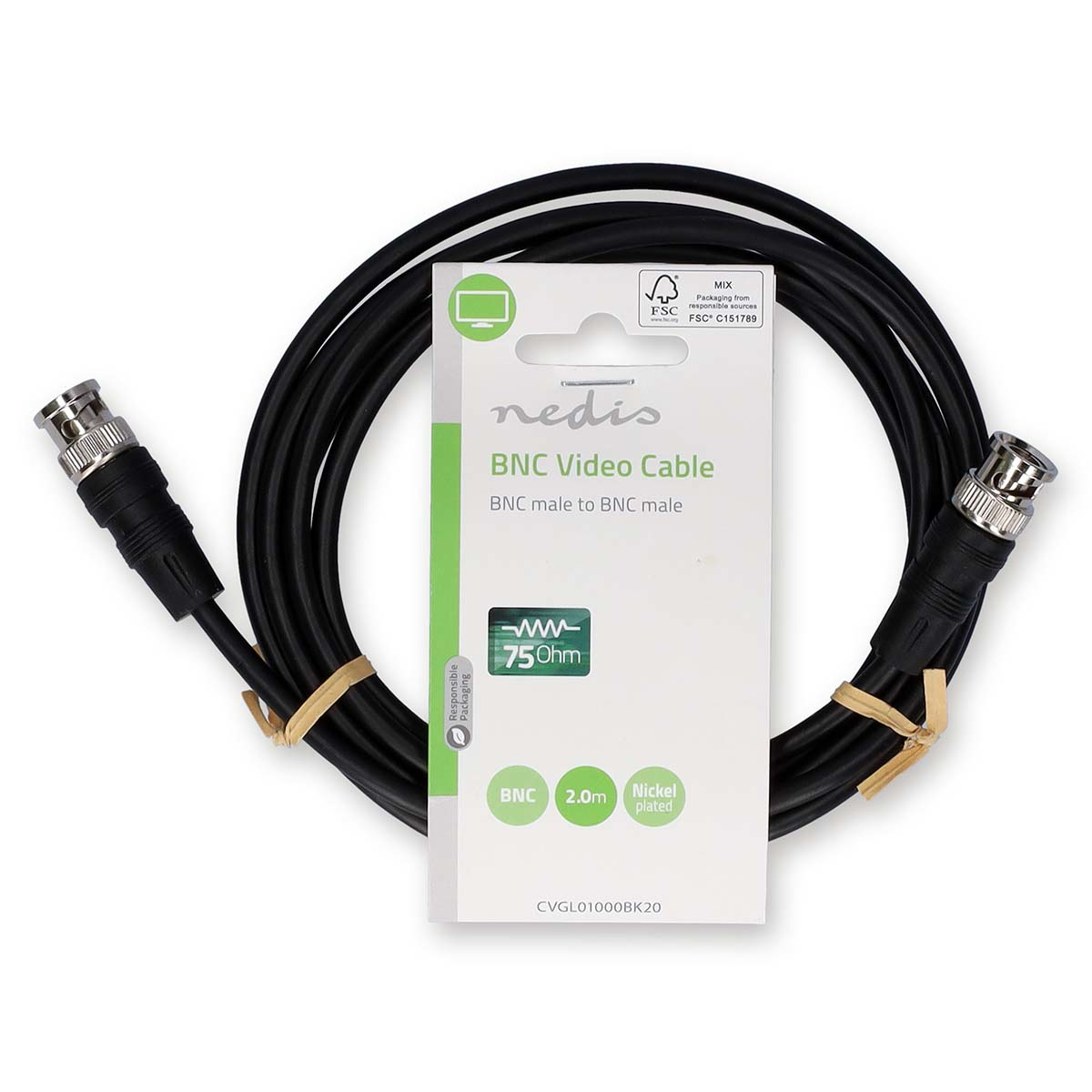 Schwarzes BNC-Videokabel mit BNC-Anschlüssen. Es liegt auf einer weißen Karte mit Text. Das Kabel ist aufgerollt.