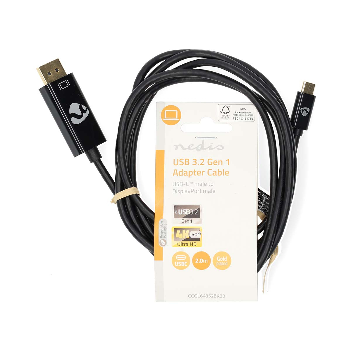 Black USB 3.2 Gen 1 adapter cable with USB-C and DisplayPort ends.