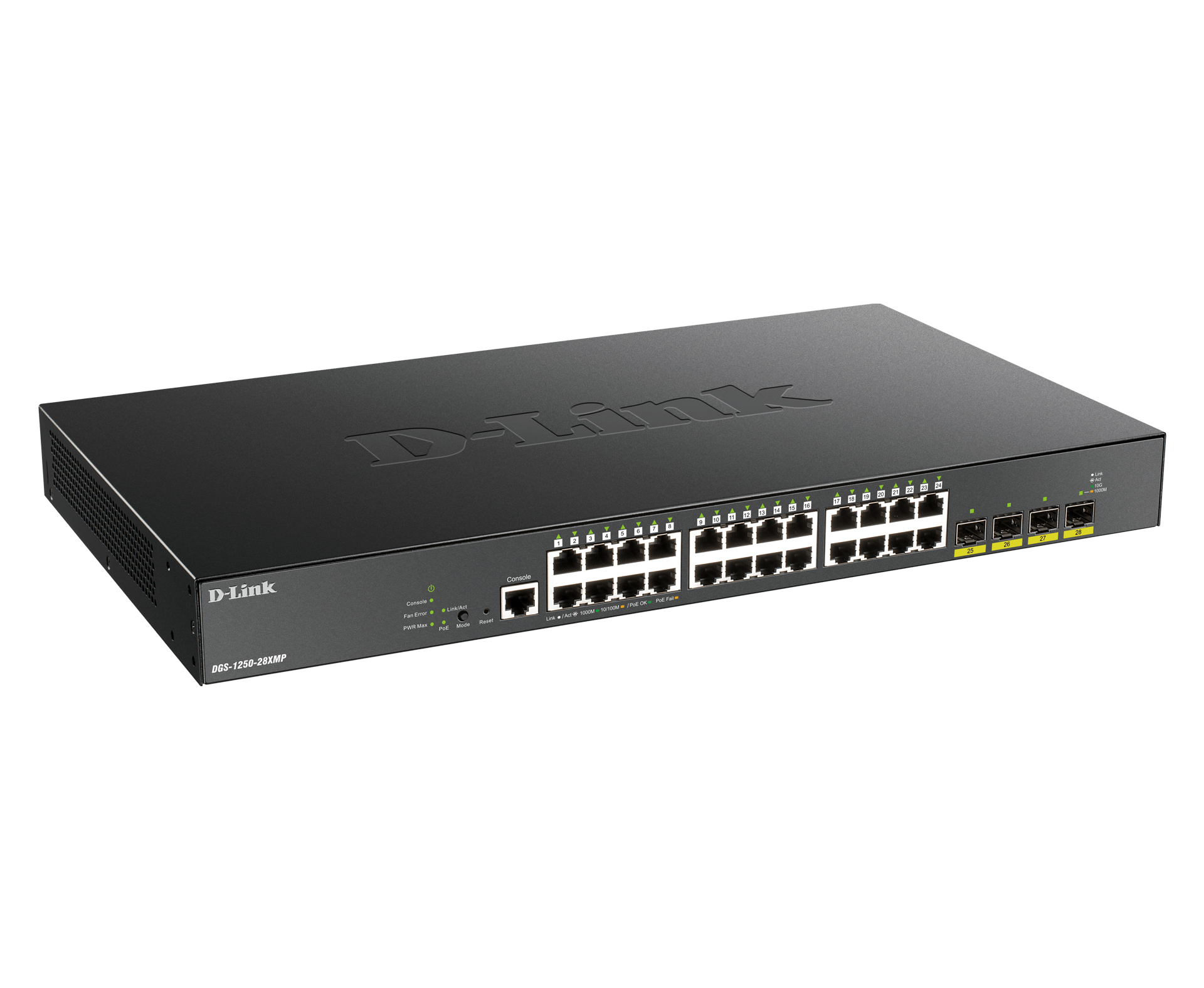 Switch D-Link nero con 24 porte. Vista frontale, sfondo bianco. Testo: D-Link, DGS-1250-28XMP.