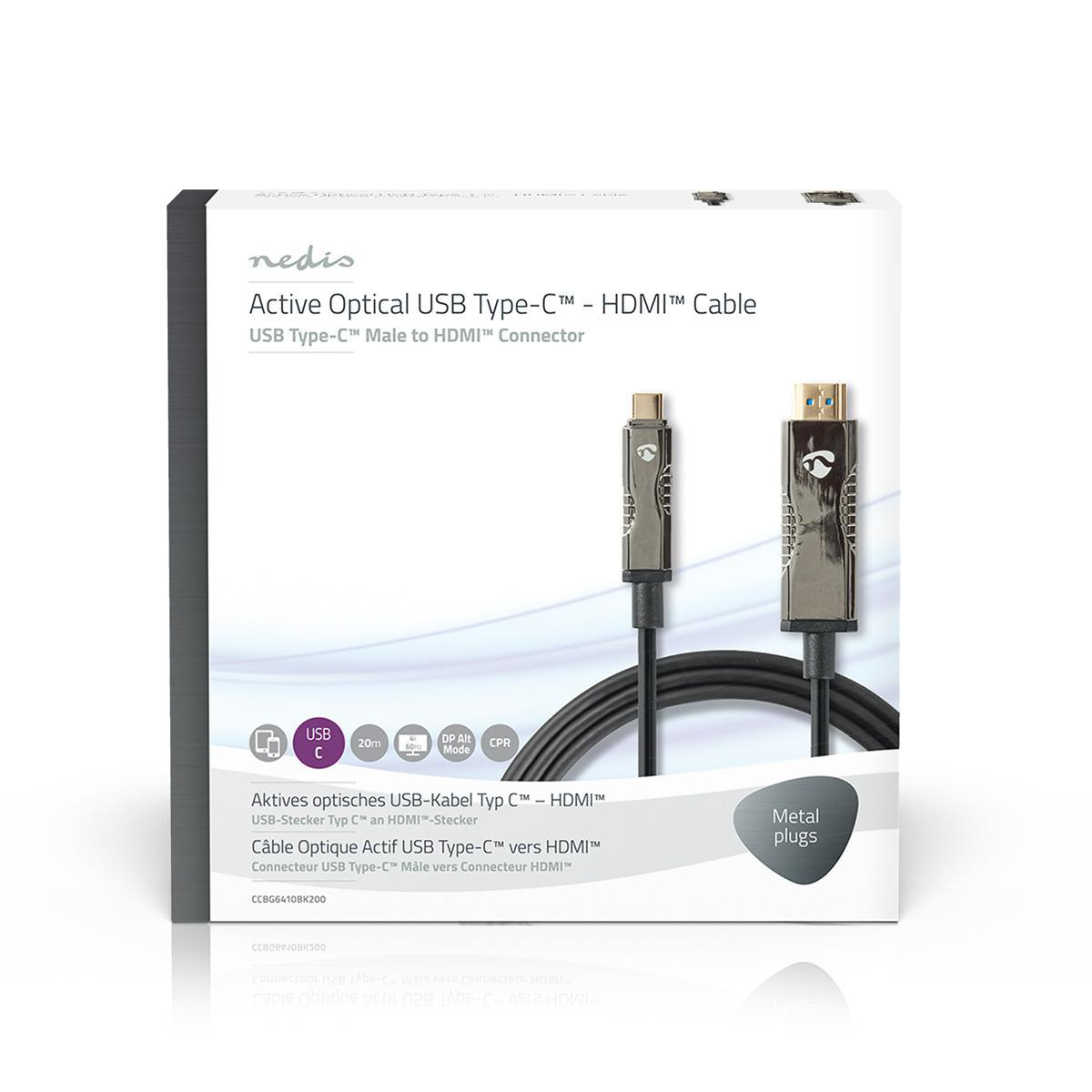 Black and silver USB Type-C to HDMI cable in a box. Metal plugs are visible.