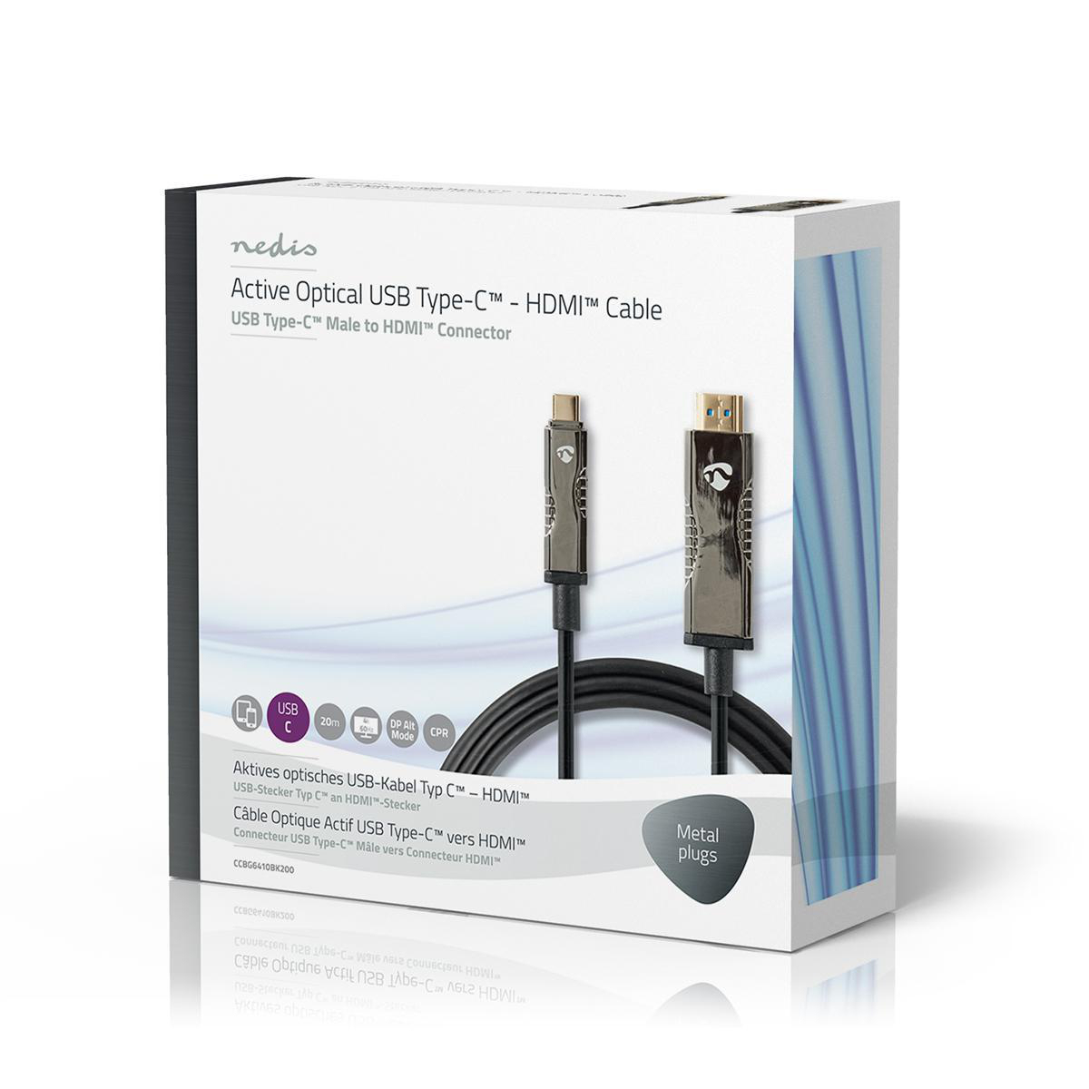 Box with active optical USB Type-C to HDMI cable, white background, close-up.