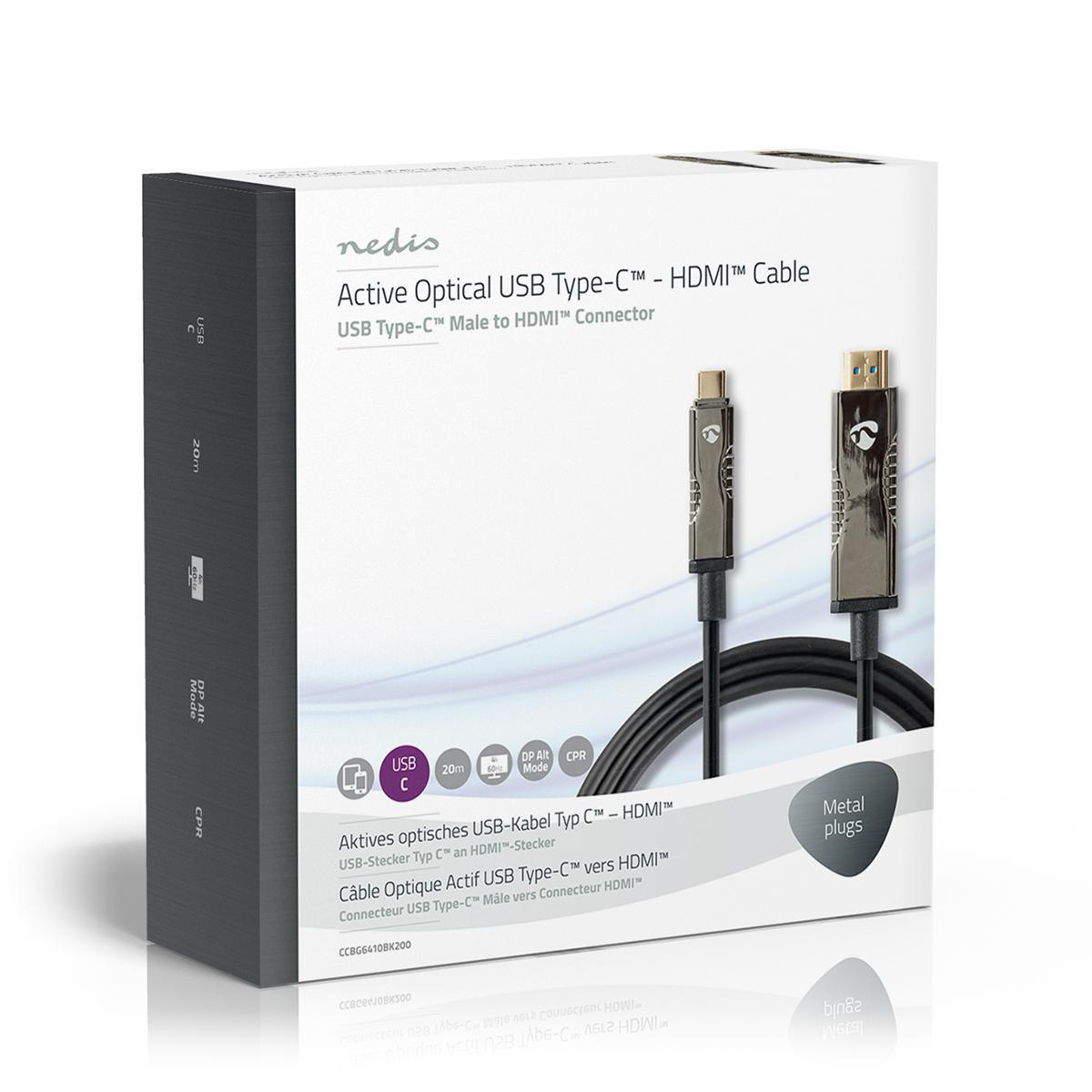 Box showing a USB-C to HDMI cable, with USB-C and HDMI plugs visible.
