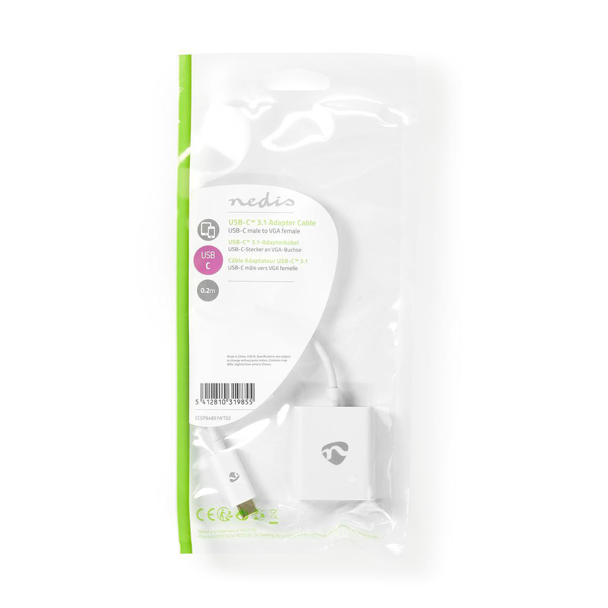 Weißer USB-C-zu-VGA-Adapter in einer transparenten Plastikverpackung mit Text.