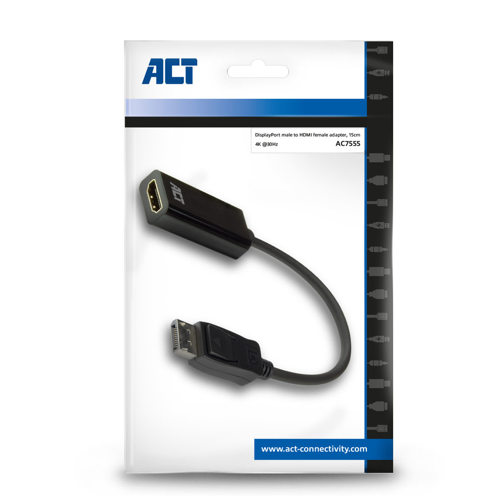 Packaging for DisplayPort to HDMI adapter.  Black adapter with a black cable.  White background.