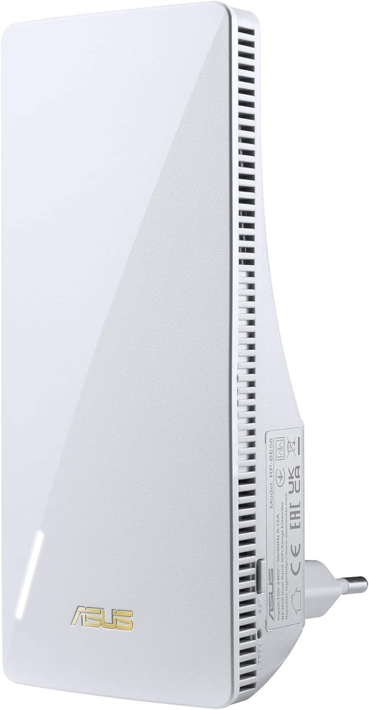 Extensor WiFi ASUS blanco con enchufe. El dispositivo es vertical con el logo ASUS en dorado.