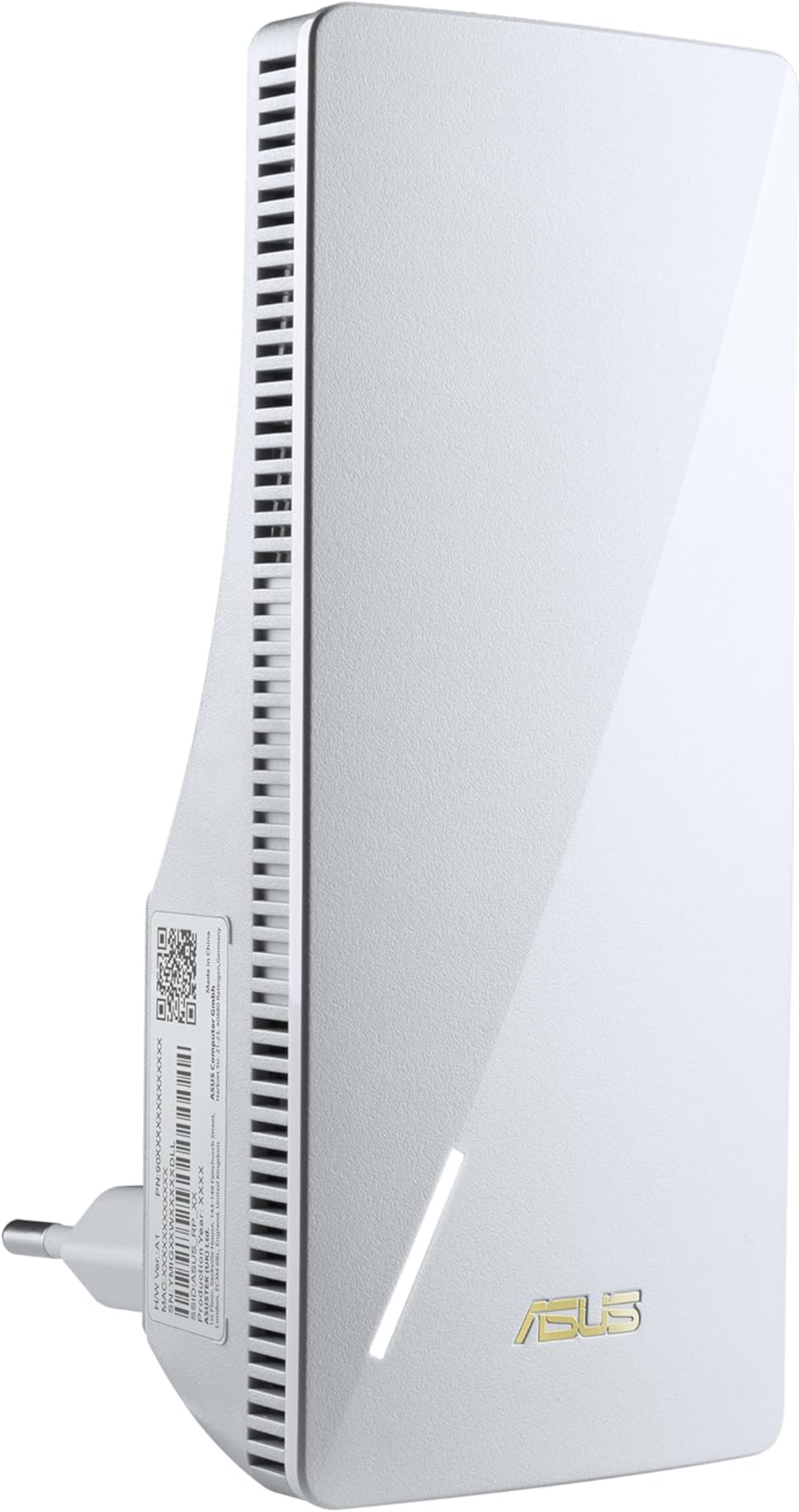 Extensor Wi-Fi ASUS blanco con ventilación y logo dorado. Enchufe y código QR visibles.