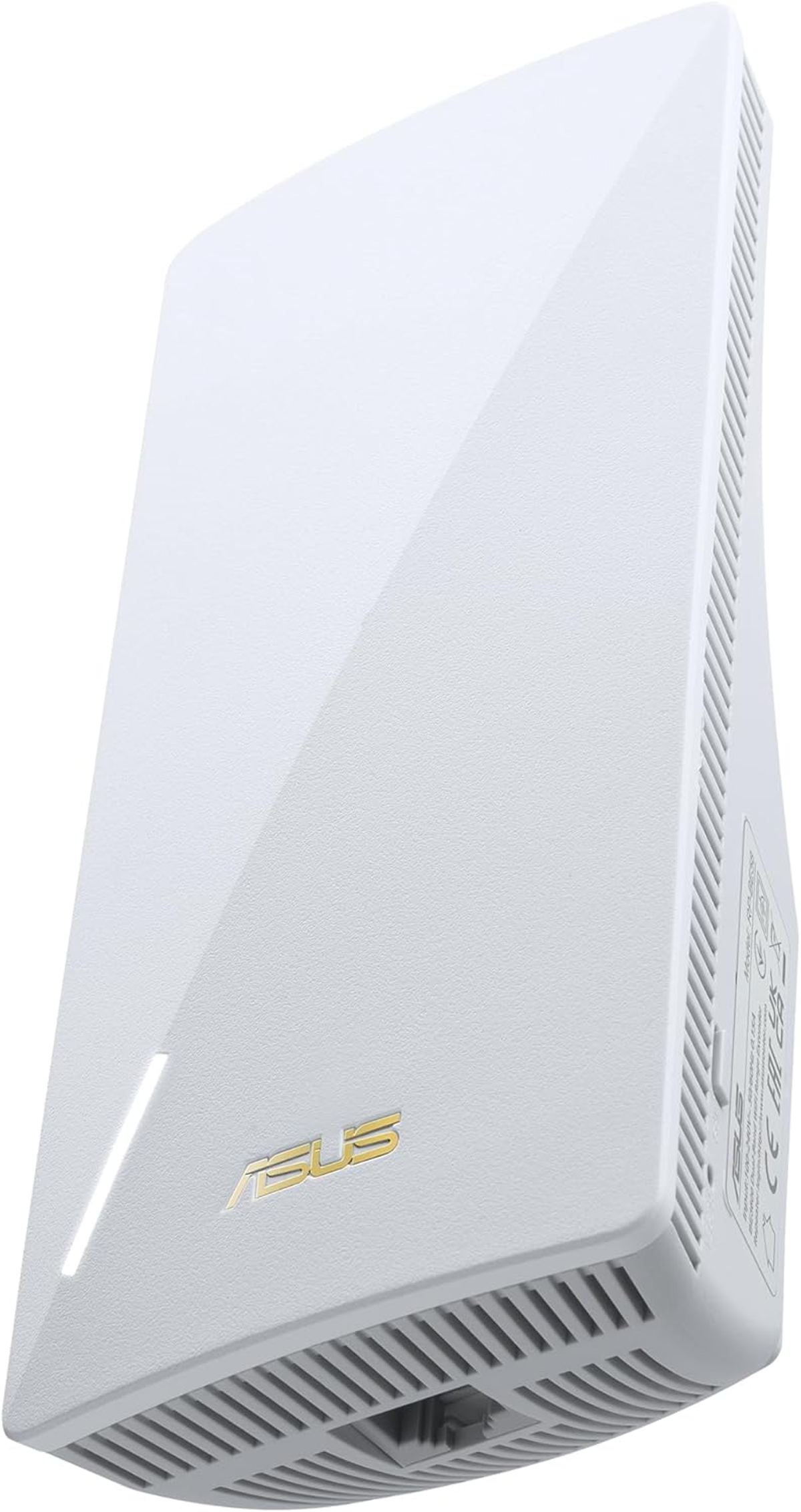 Router ASUS blanco con diseño elegante, perspectiva en ángulo y logotipo ASUS.