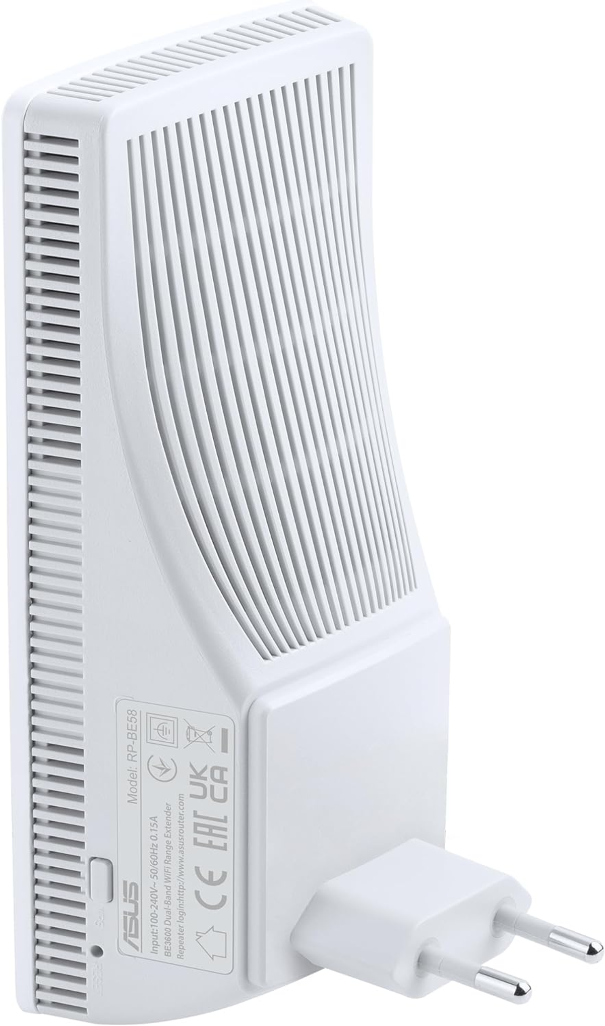 Extensor de rango WiFi ASUS blanco con enchufe. El dispositivo tiene rejillas.