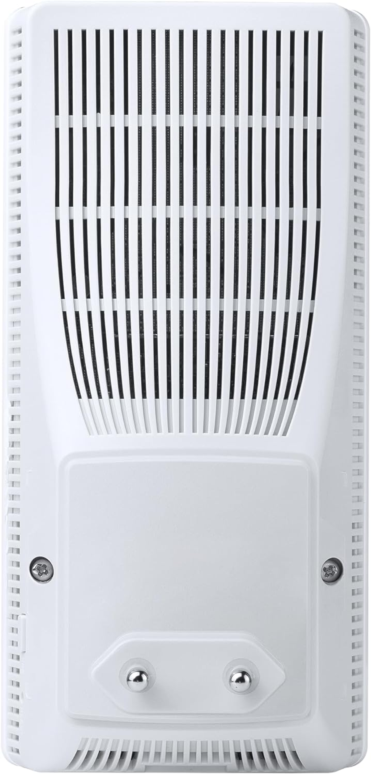 Un adaptador de línea eléctrica blanco con ventilación y enchufe de dos clavijas, visto desde atrás.