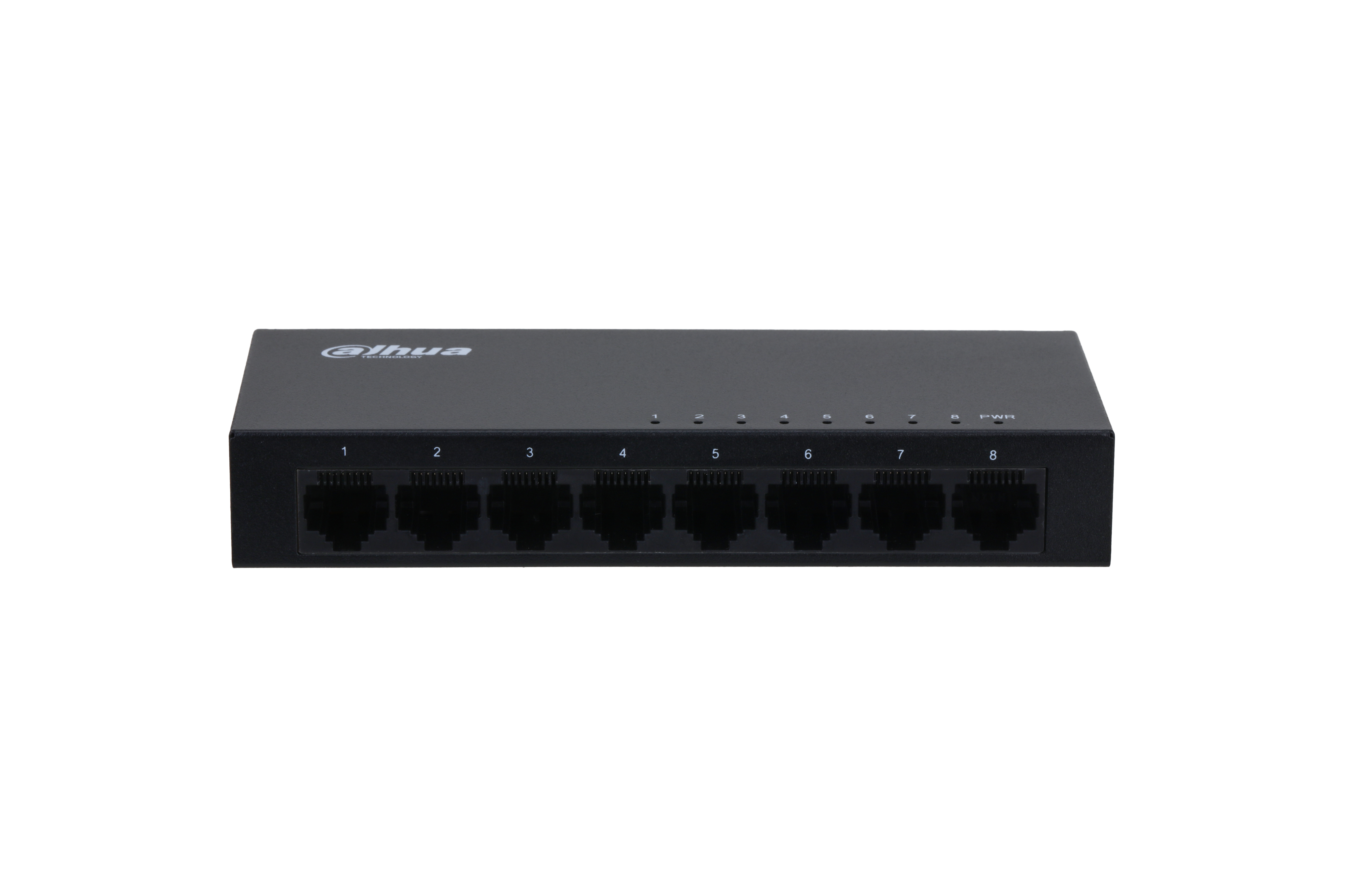 Uno switch di rete nero con otto porte Ethernet, numerate da 1 a 8.