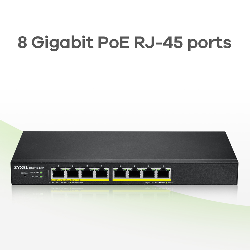 Czarny przełącznik sieciowy z 8 portami Gigabit PoE RJ-45. Tekst: ZYXEL, i numery portów są widoczne.