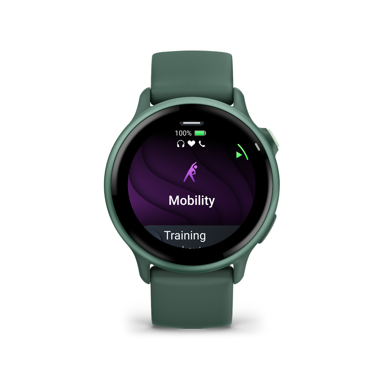 Grüne Smartwatch mit rundem Display. Der Bildschirm zeigt eine Mobilitätstrainings-App.