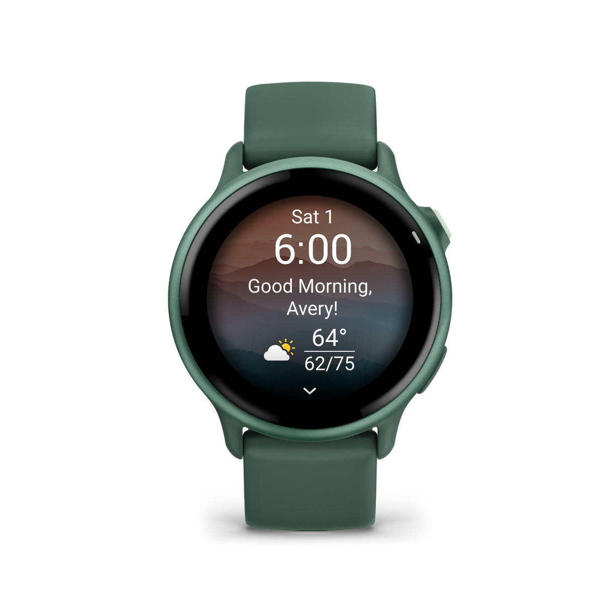 Grüne Smartwatch mit Zeit-, Wetter- und Aktivitätsanzeige auf schwarzem Hintergrund.