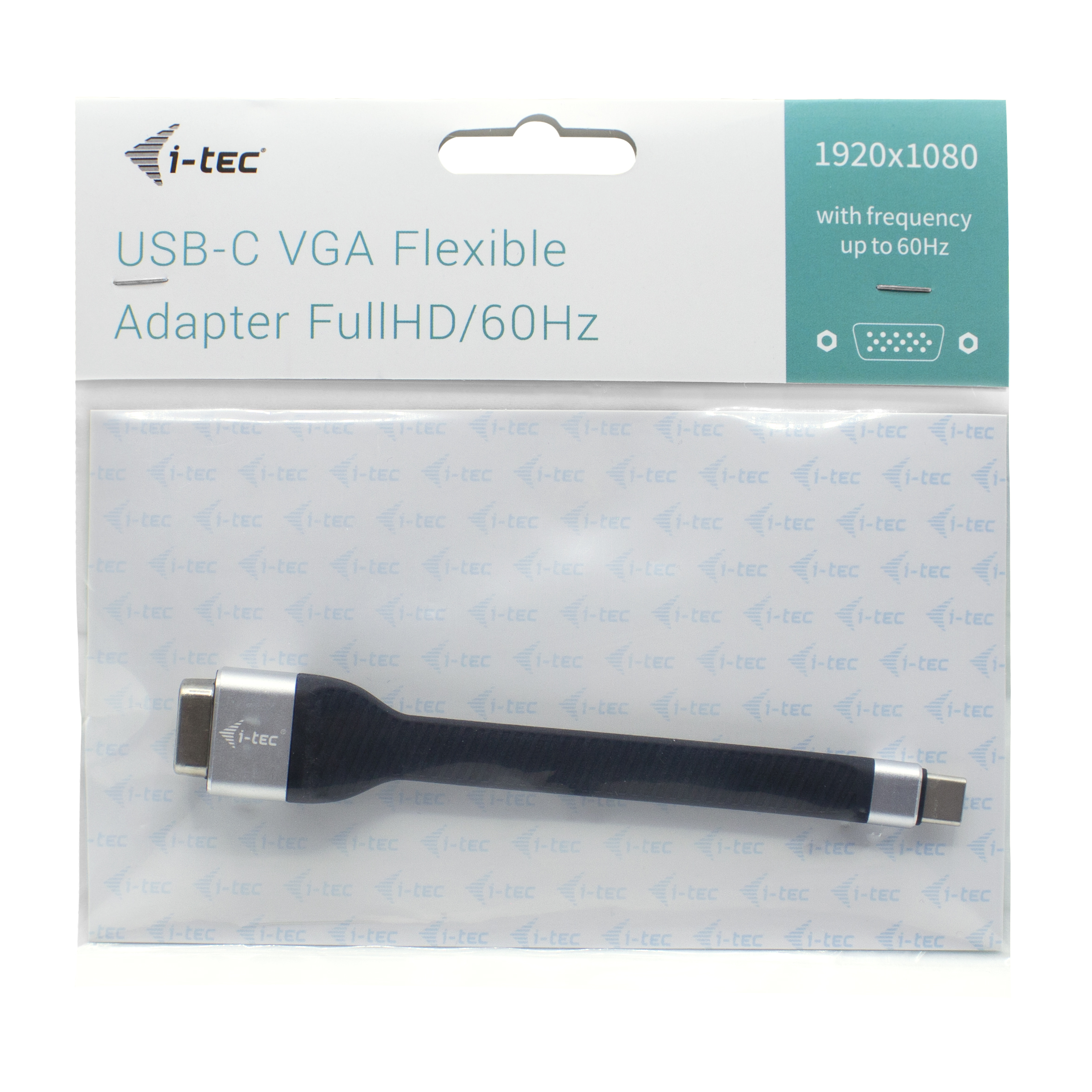 Adattatore da USB-C a VGA nero in una confezione trasparente con testo ed etichetta.