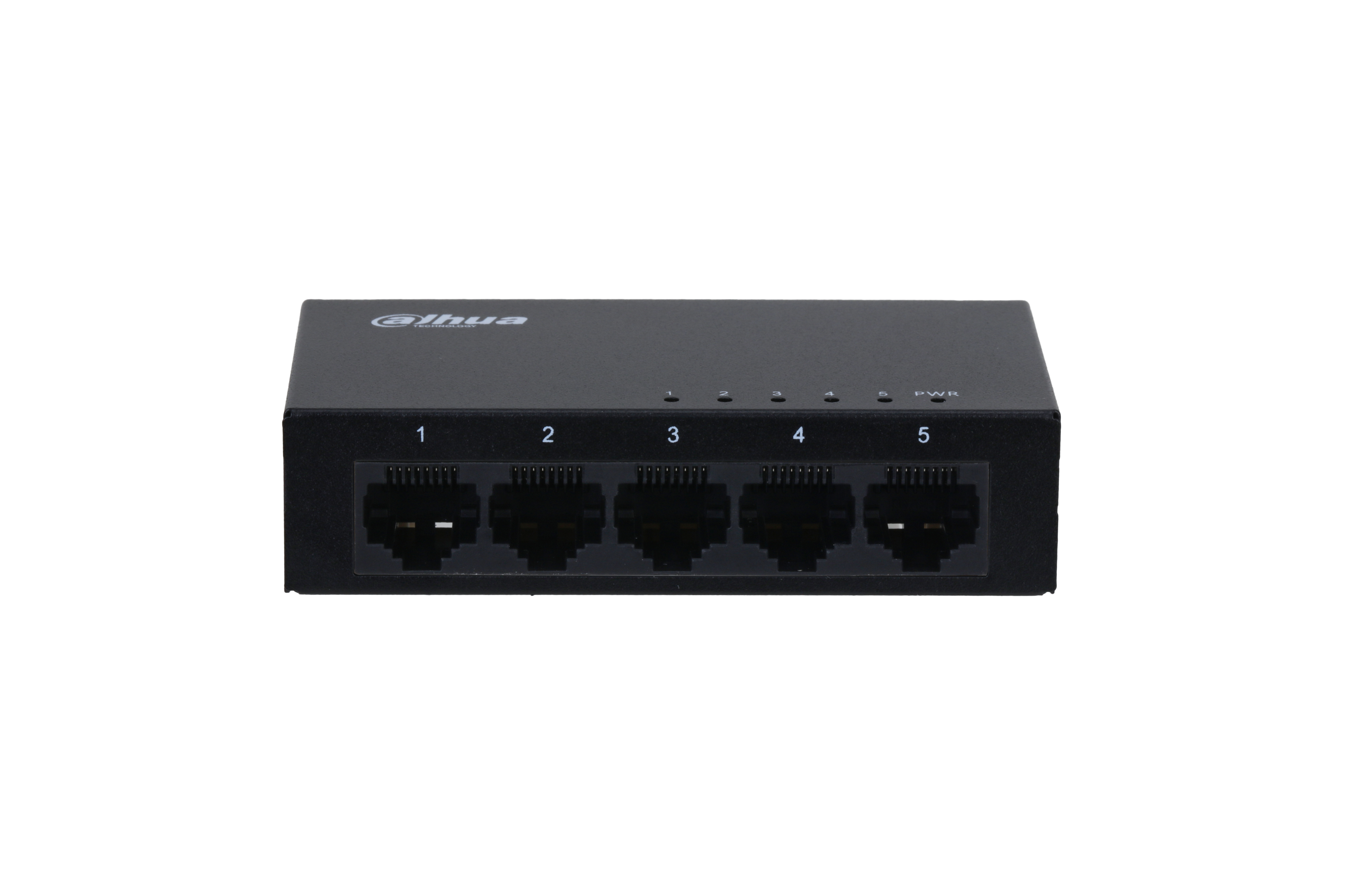 Vista frontale dello switch di rete nero con cinque porte numerate e il logo 'dahua'.