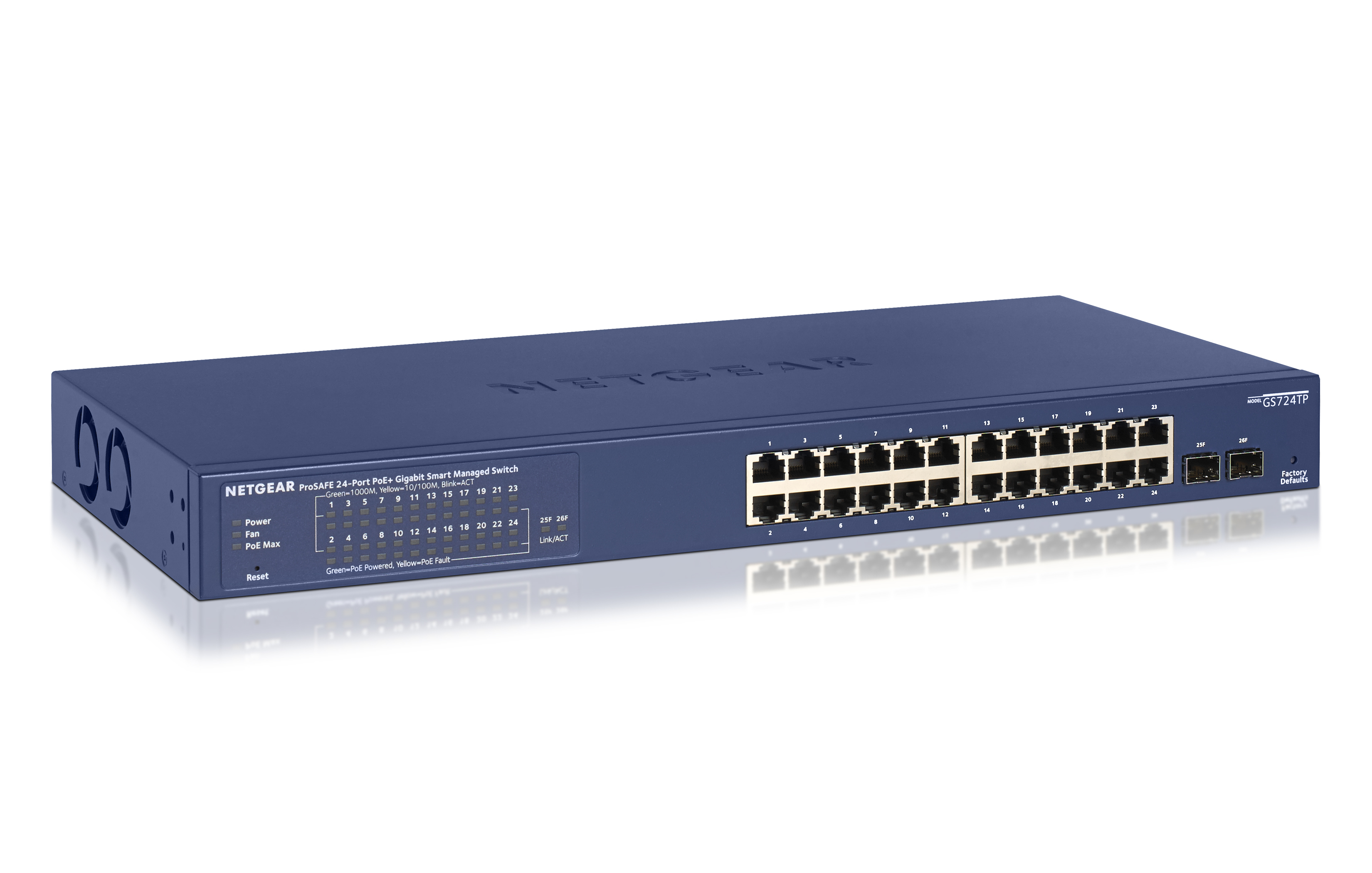 Switch Gigabit a 24 porte NETGEAR blu con varie porte, spie e etichetta NETGEAR.