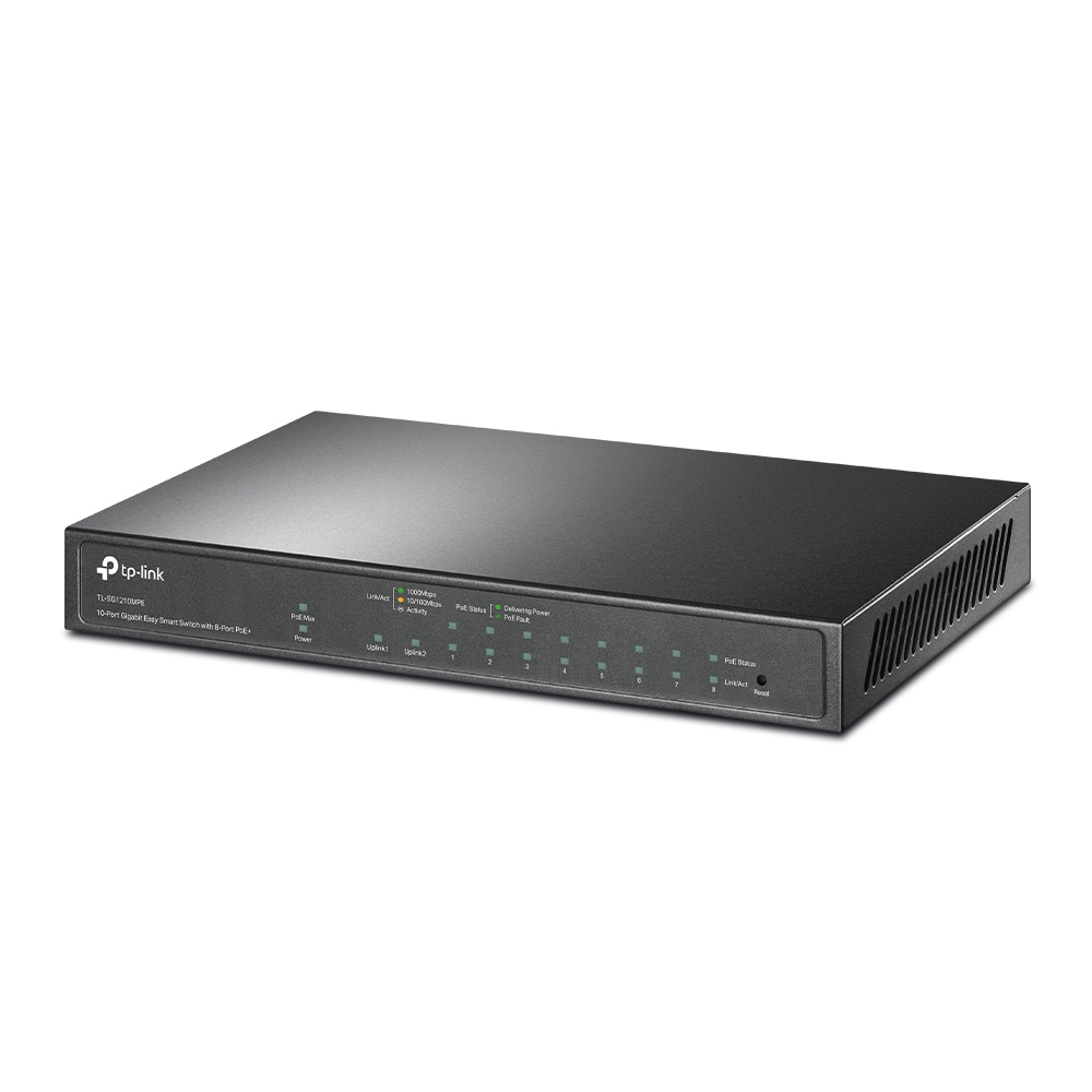 Schwarzer TP-Link-Switch mit mehreren Anschlüssen und Lichtern. Text darauf: 'TP-Link'.