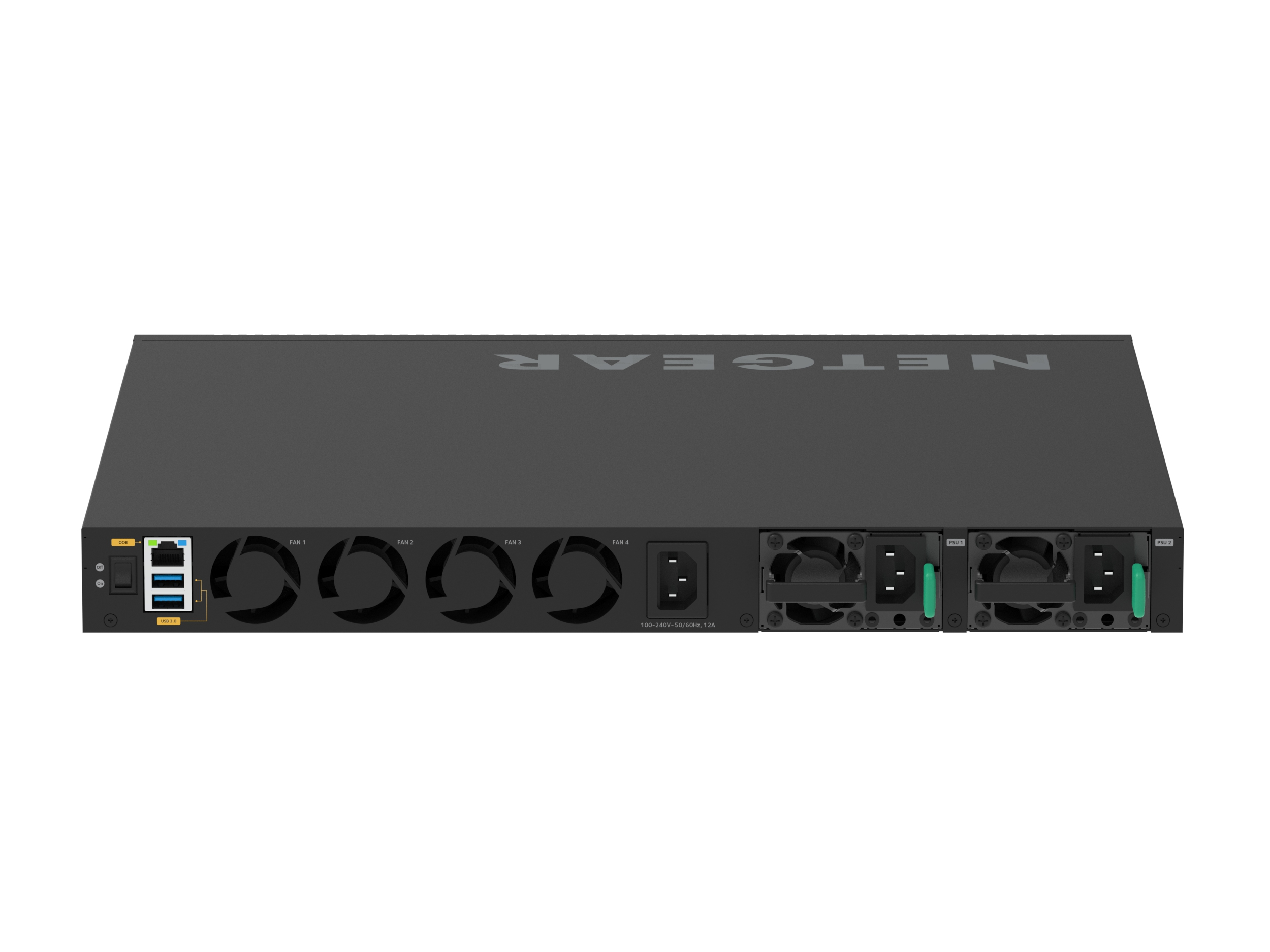 Zwarte netwerkswitch, met poorten en stekkers, het woord NETGEAR zichtbaar.