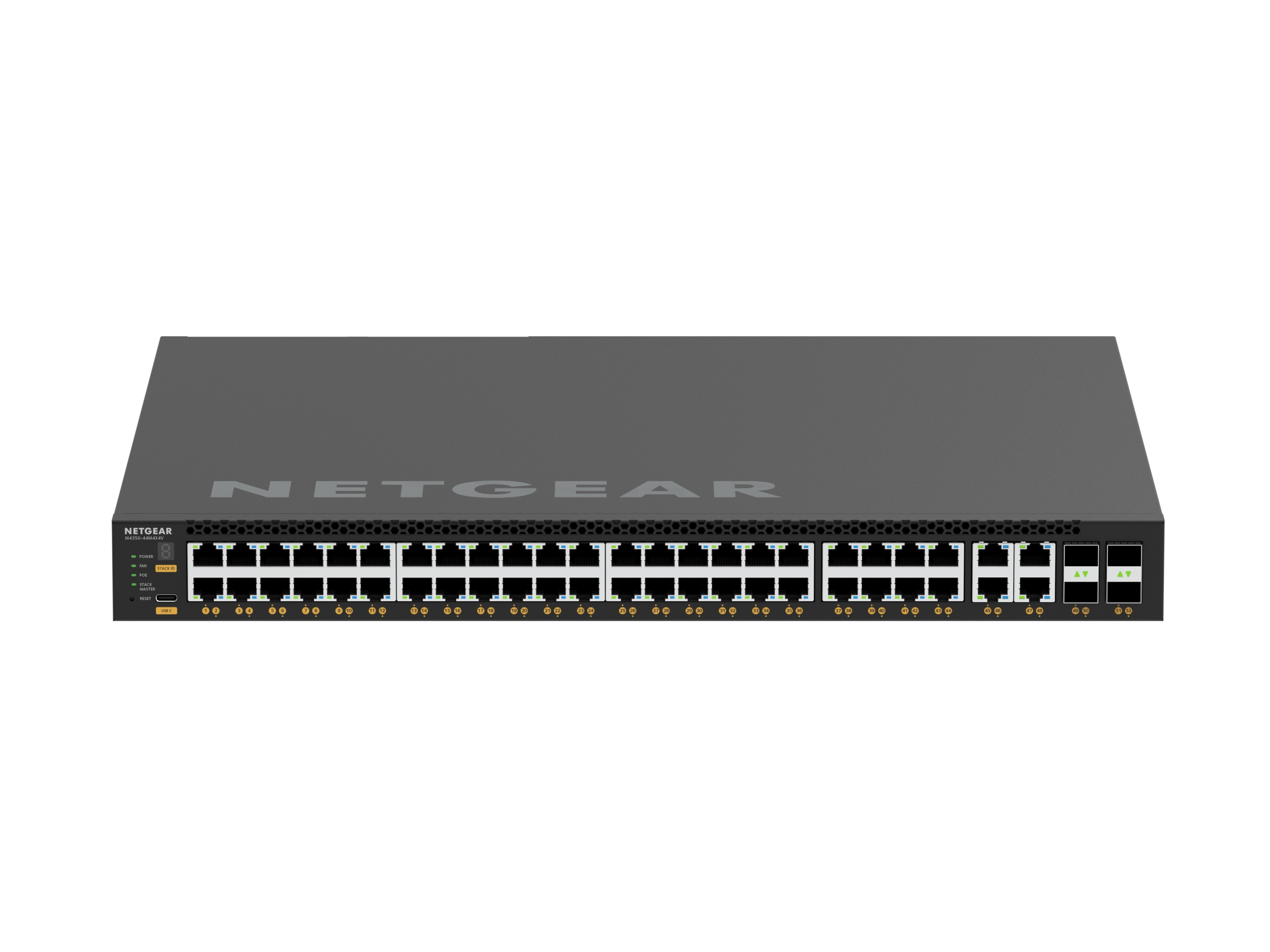 Grijze netwerkswitch met veel poorten en het NETGEAR-logo.