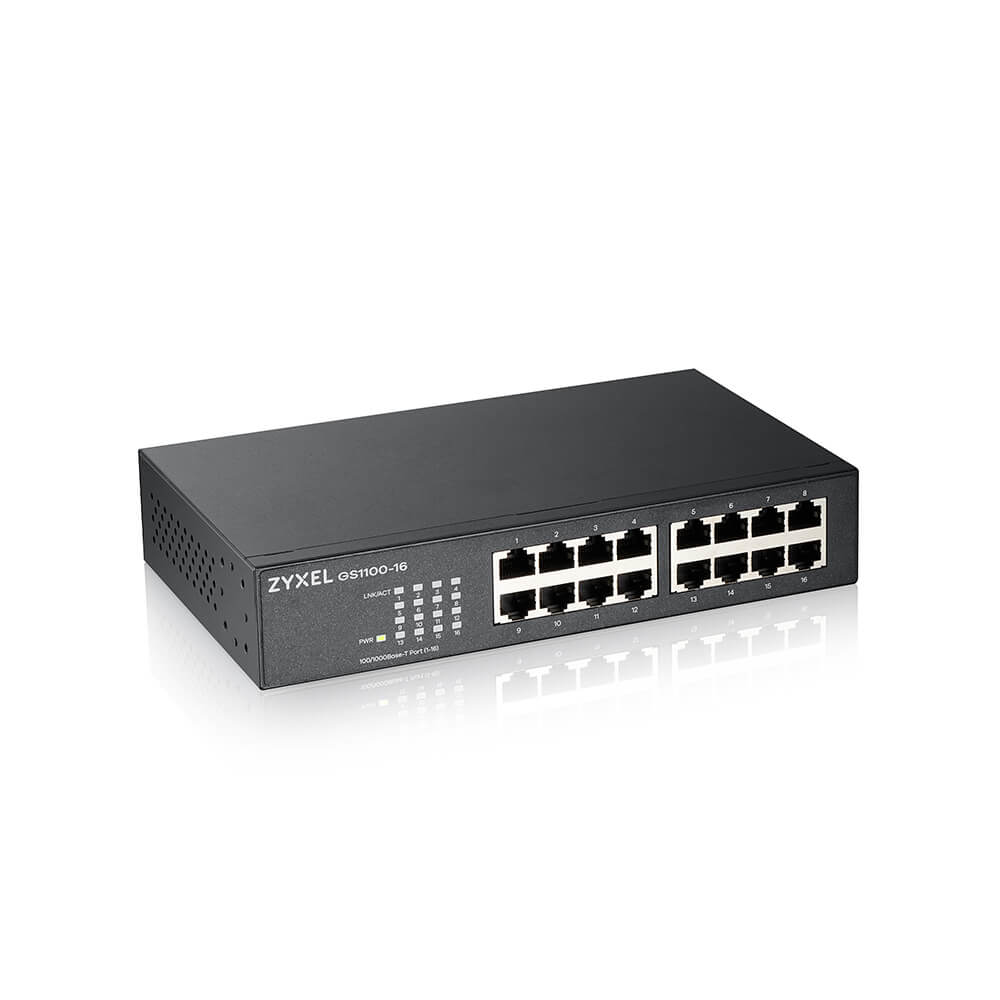 Un commutateur ZYXEL GS1100-16 noir avec plusieurs ports Ethernet et voyants d'état. Le logo est visible.