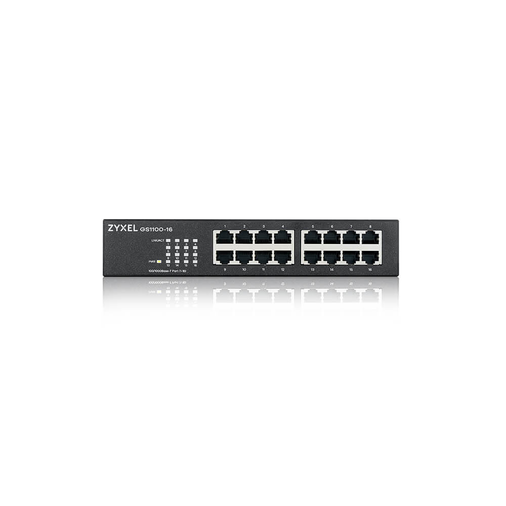 Commutateur Zyxel GS1100-16 noir avec plusieurs ports réseau.