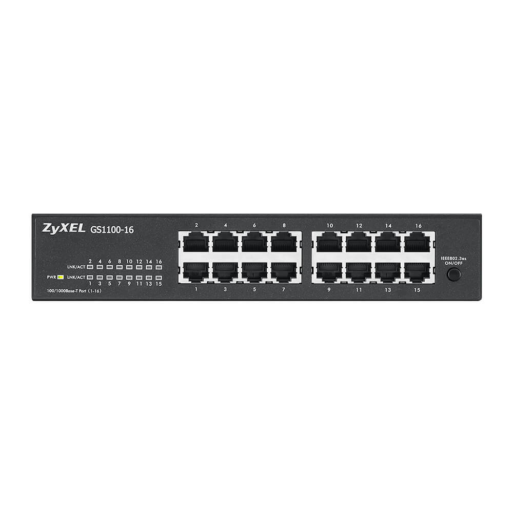 Un commutateur réseau noir avec 16 ports. L'appareil est sur une surface blanche.