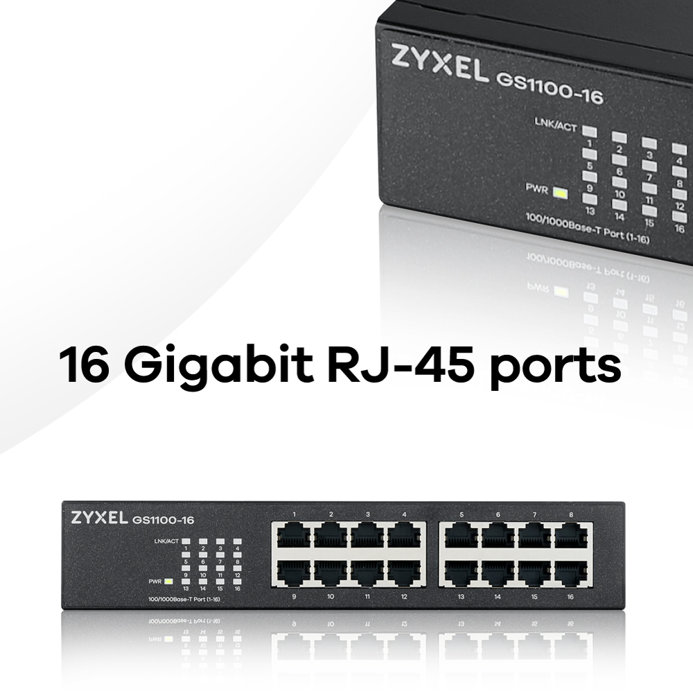 Un commutateur réseau noir avec 16 ports RJ-45. Il possède des voyants et la marque Zyxel.