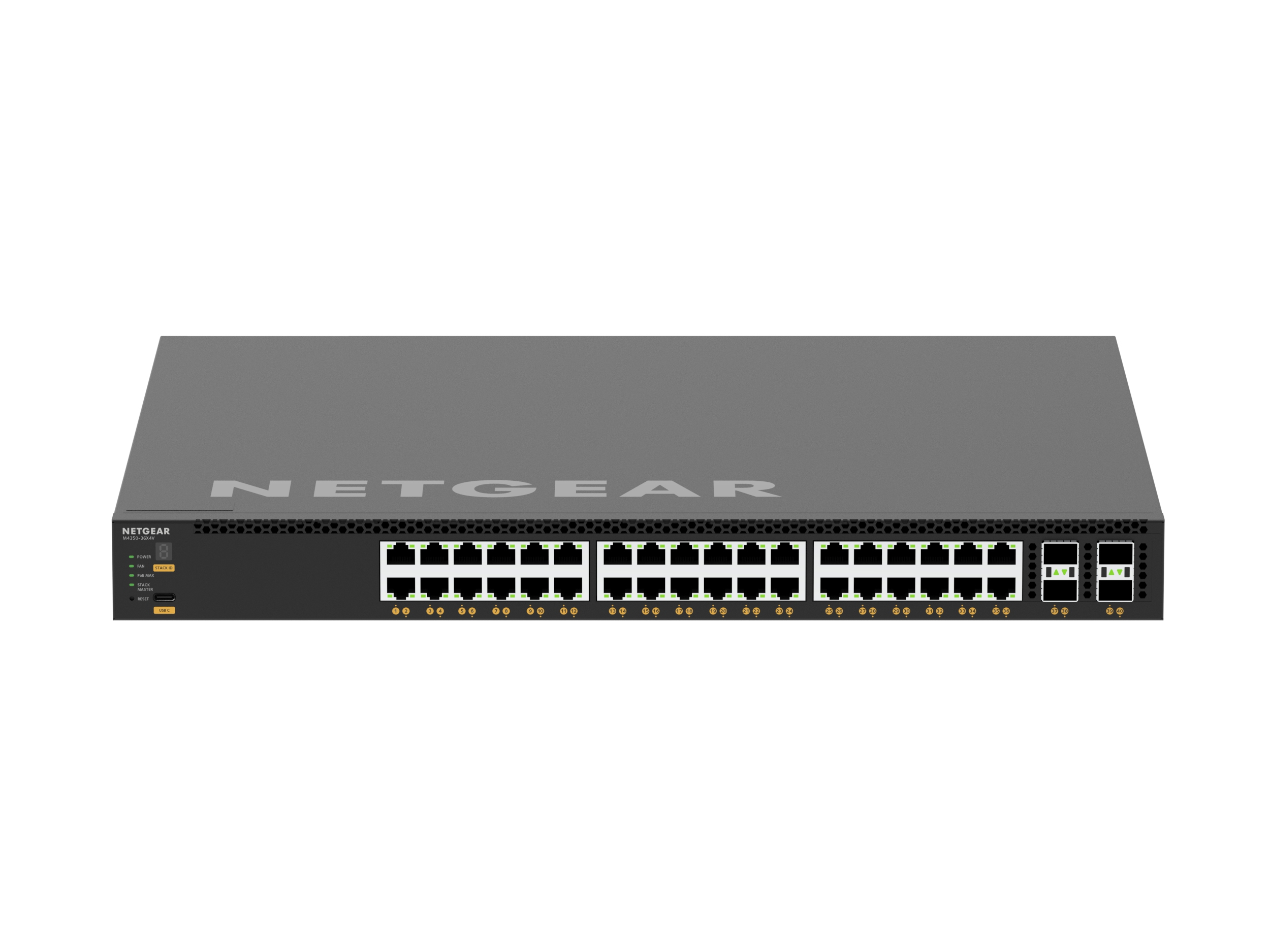 Een donkergrijze NETGEAR netwerkswitch. Hij heeft veel poorten en indicatielampjes.