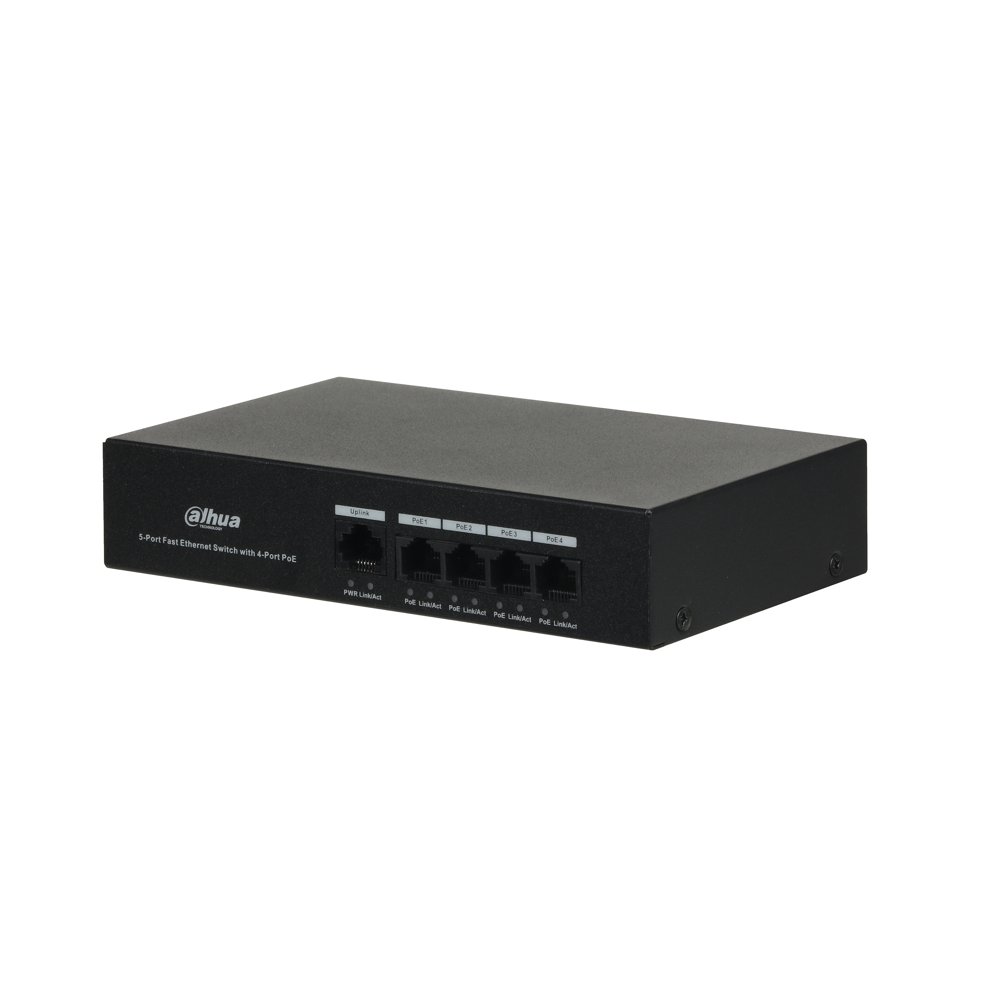 Un switch Ethernet de 5 puertos negro con puertos PoE. La marca es Dahua.